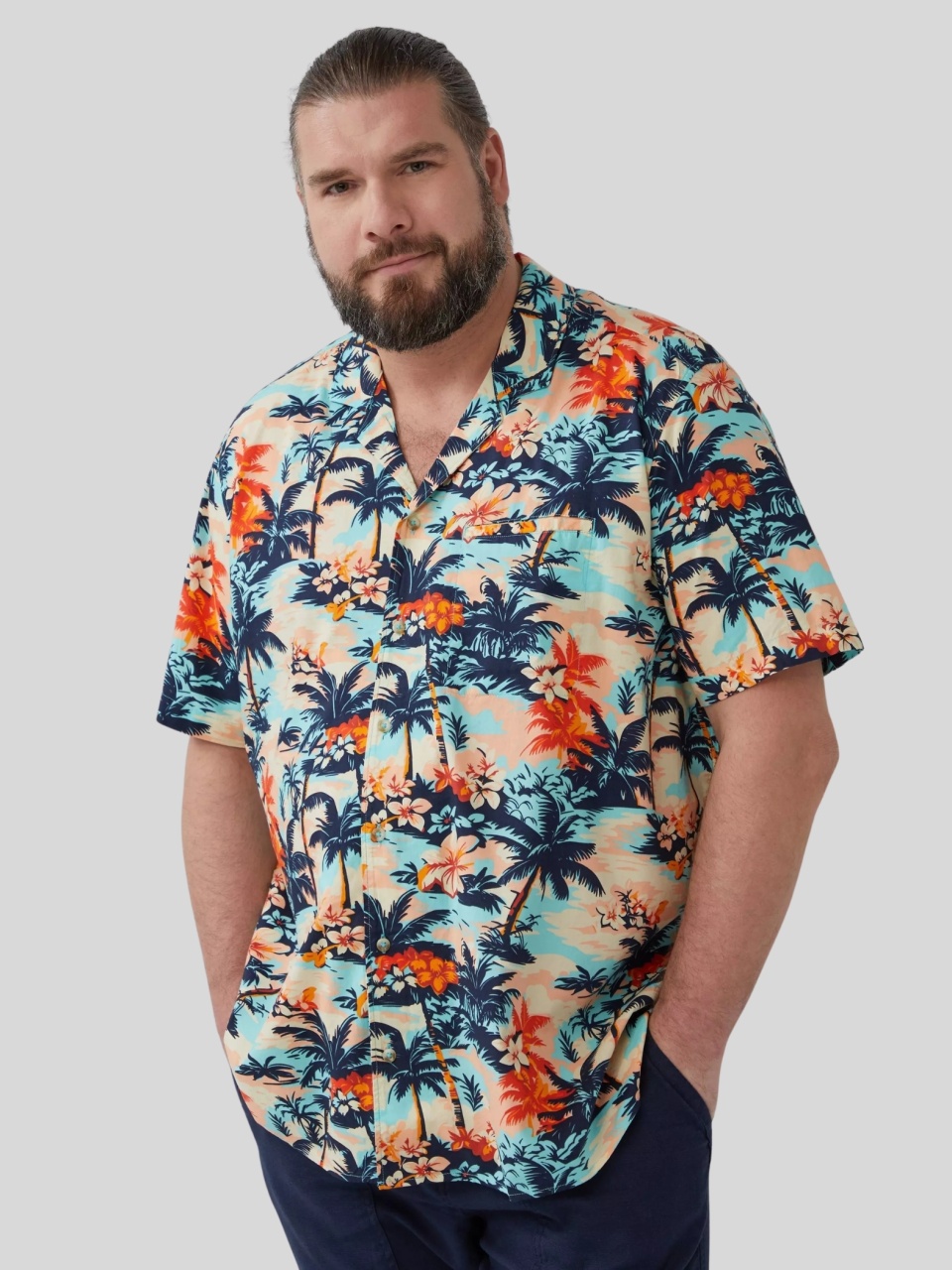 s.Oliver Big Sizes Camasa barbati big sizes cu maneca scurta si imprimeu tropical, Regular fit, Multicolor (SELECTATI MARIMEA: 5XL)