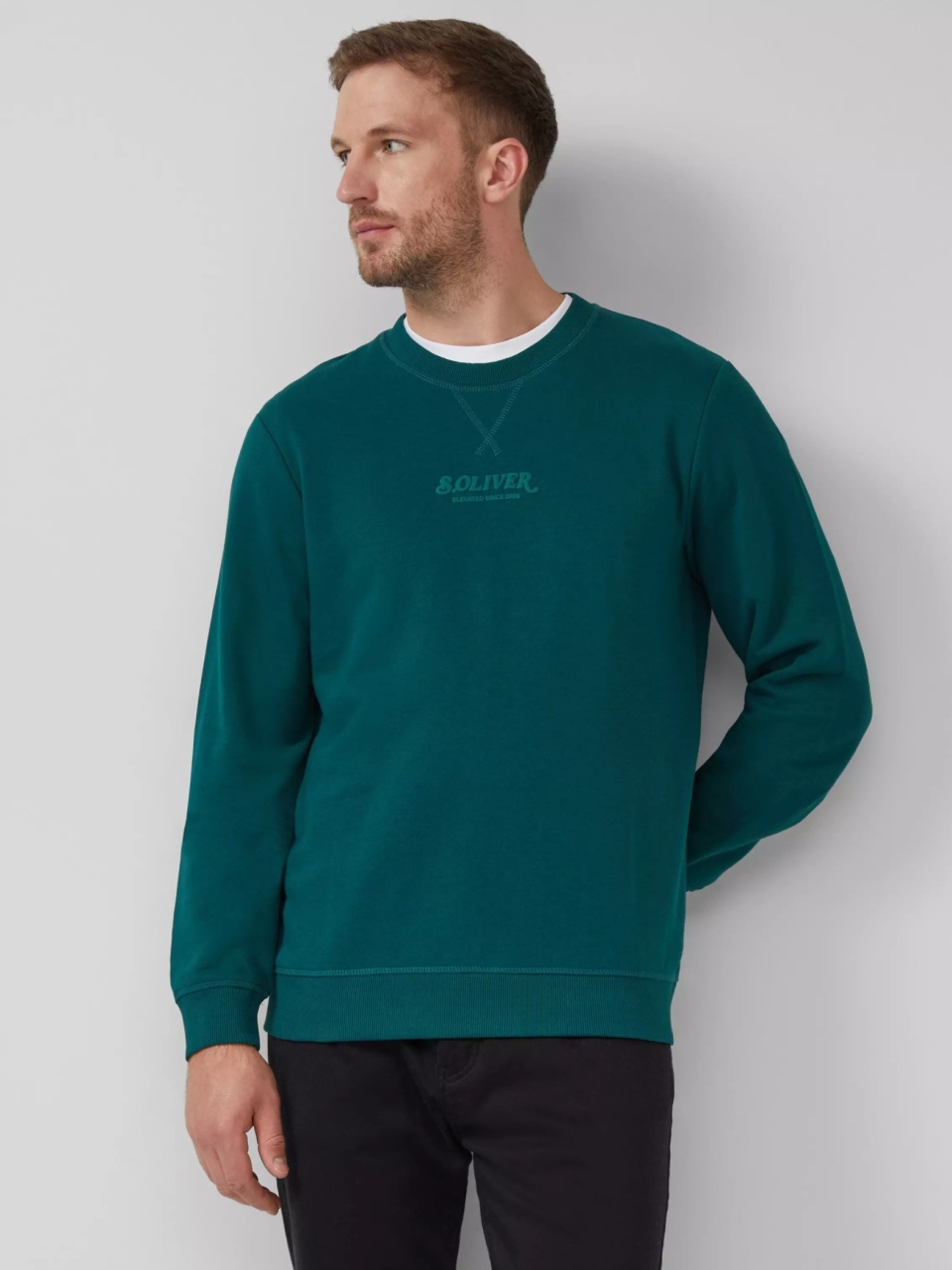 s.Oliver Bluza barbati cu decolteu la baza gatului, logo, Regular Fit, Verde (SELECTATI MARIMEA: L)