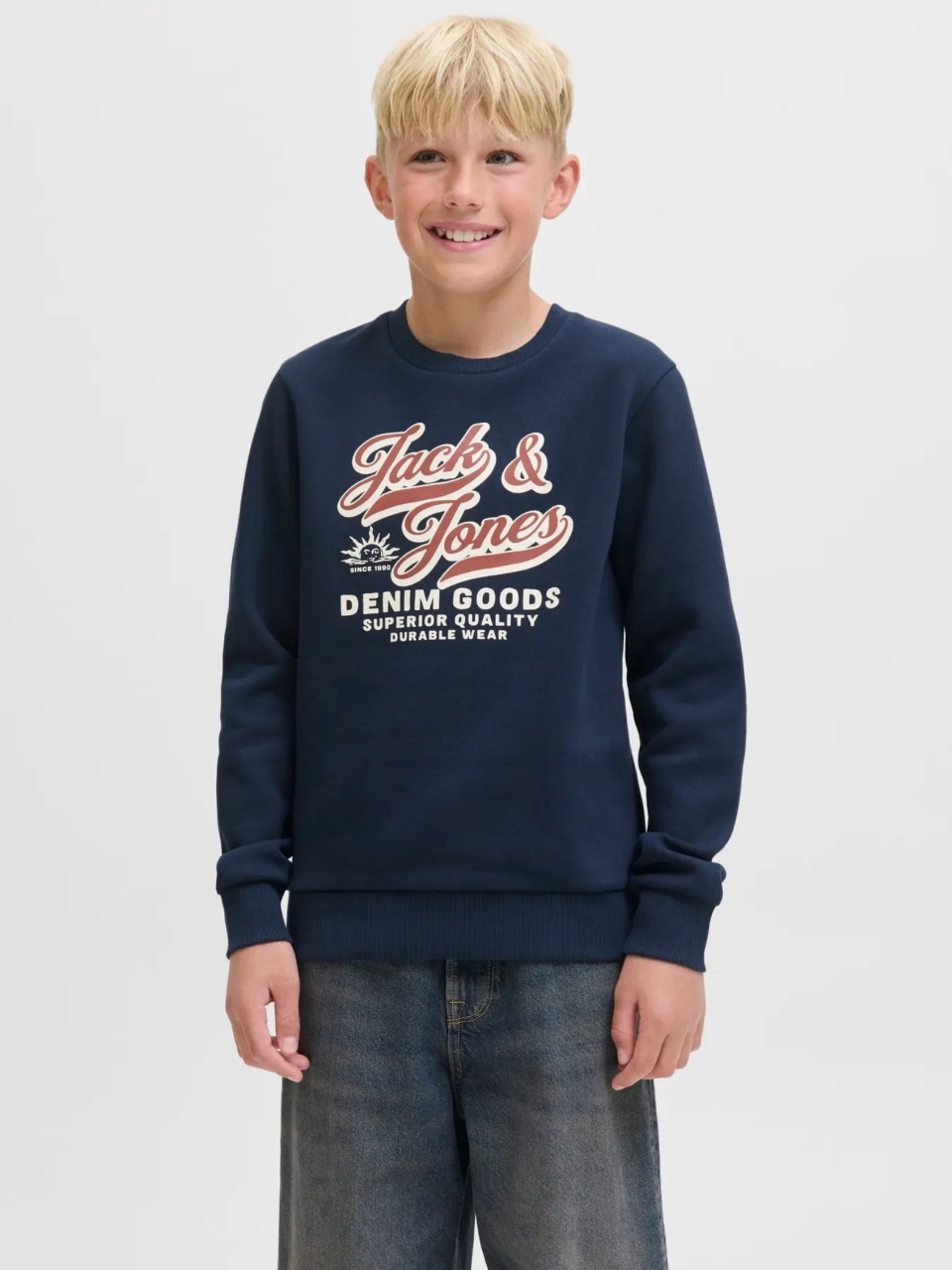 Jack & Jones Bluza baieti, Regular fit, cu imprimeu text si decolteu la baza gatului, Bleumarin inchis (SELECTATI MARIMEA: 128 cm)