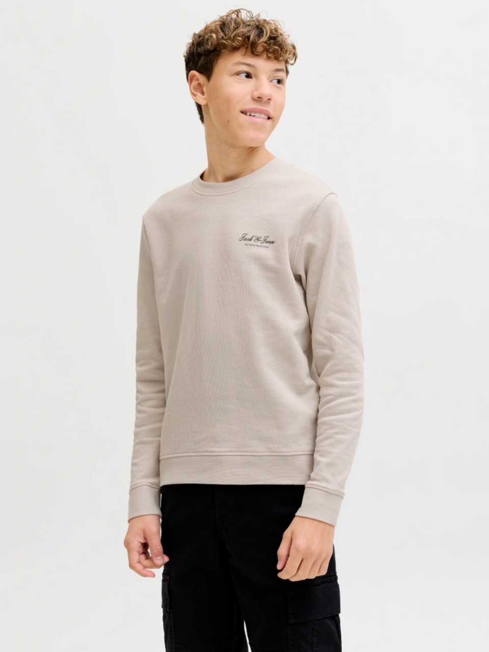 Jack & Jones Bluza baieti, Relaxed fit, cu decolteu la baza gatului, Bej (SELECTATI MARIMEA: 164 cm)