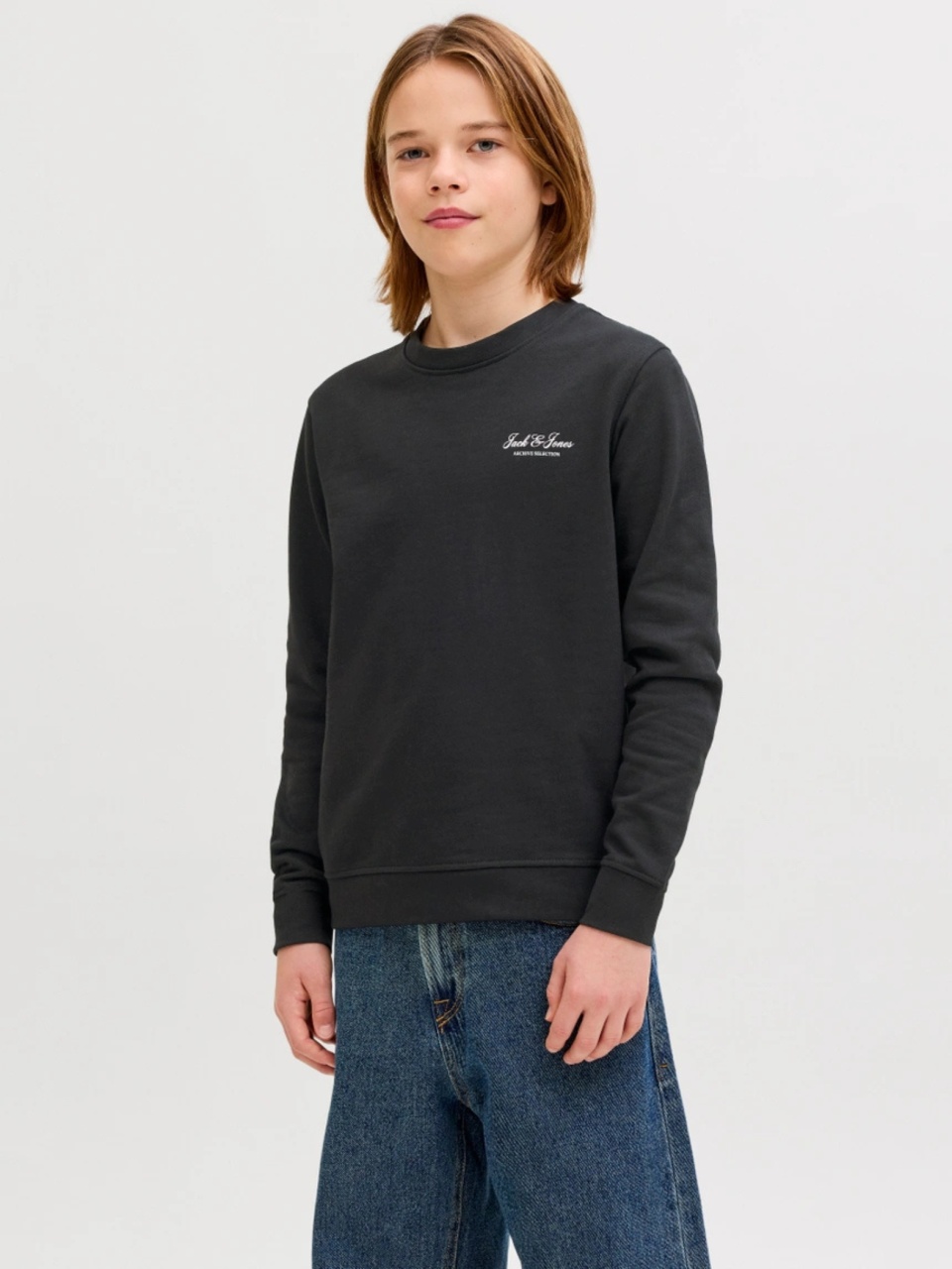 Jack & Jones Bluza baieti, Relaxed fit, cu decolteu la baza gatului, Negru (SELECTATI MARIMEA: 164 cm)