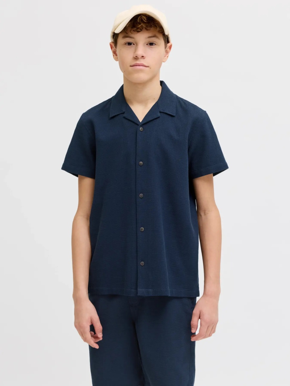 Jack & Jones Camasa cu maneca scurta baieti, Waffle Resort Shirt, Relaxed Fit, Bleumarin inchis (SELECTATI MARIMEA: 176 cm)