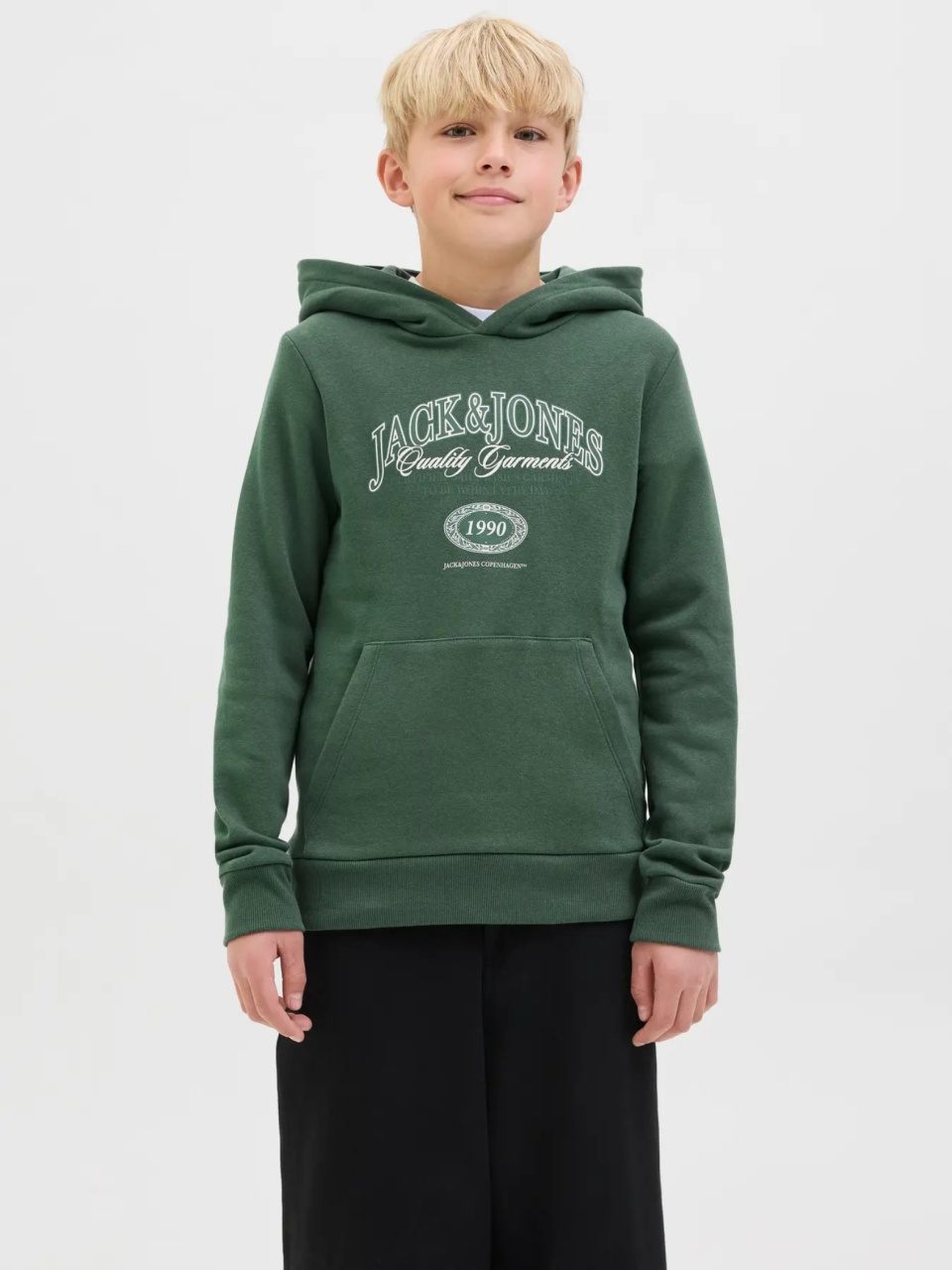 Jack & Jones Hanorac baieti cu imprimeu cu logo si buzunar tip marsupiu, Verde (SELECTATI MARIMEA: 164 cm)