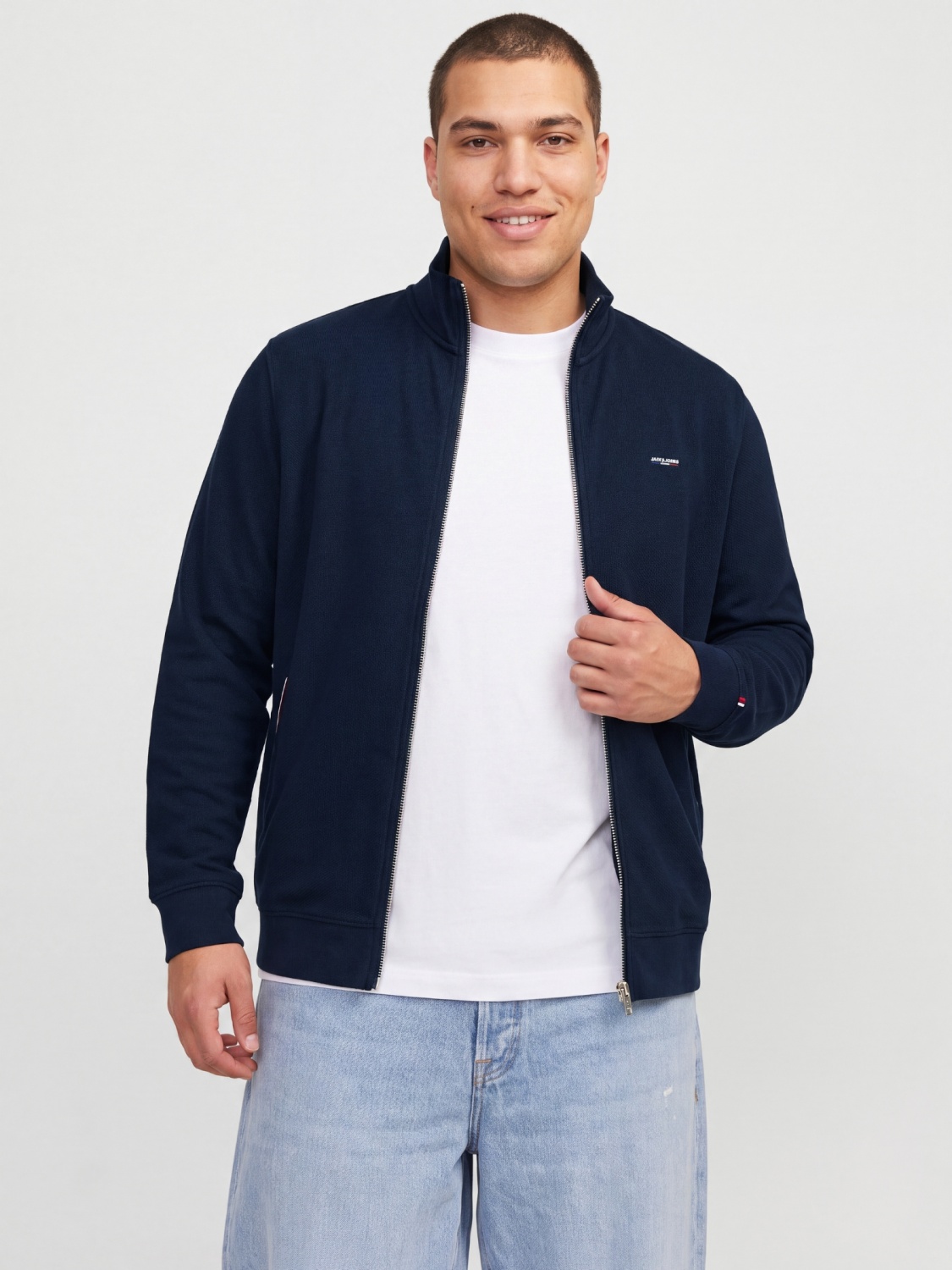 Jack & Jones Plus Cardigan tricotat barbati big sizes cu guler inalt, din bumbac organic, Regular fit, JPRBLUALVES, Bleumarin inchis (SELECTATI