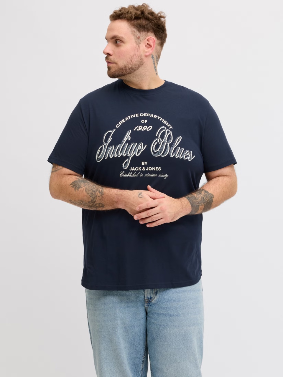 Jack & Jones Plus Tricou barbati big sizes, Denver, cu imprimeu text, Bleumarin inchis (SELECTATI MARIMEA: 4XL)