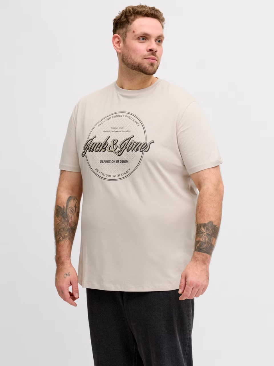Jack & Jones Plus Tricou barbati big sizes, imprimeu text cu logo, Crem (SELECTATI MARIMEA: 3XL)