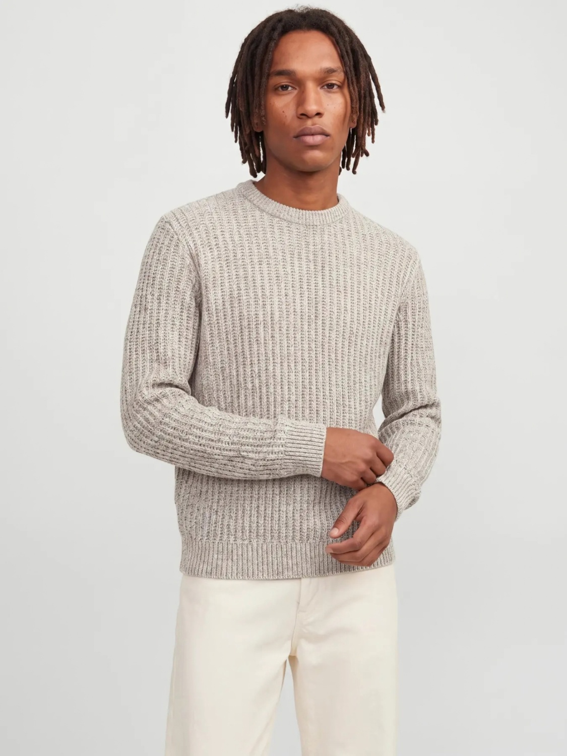 Jack & Jones Pulover tricotat, barbati, in doua noante cu decolteu la baza gatului, Regular fit, JJJAXON, Bej melanj (SELECTATI MARIMEA: 2XL)