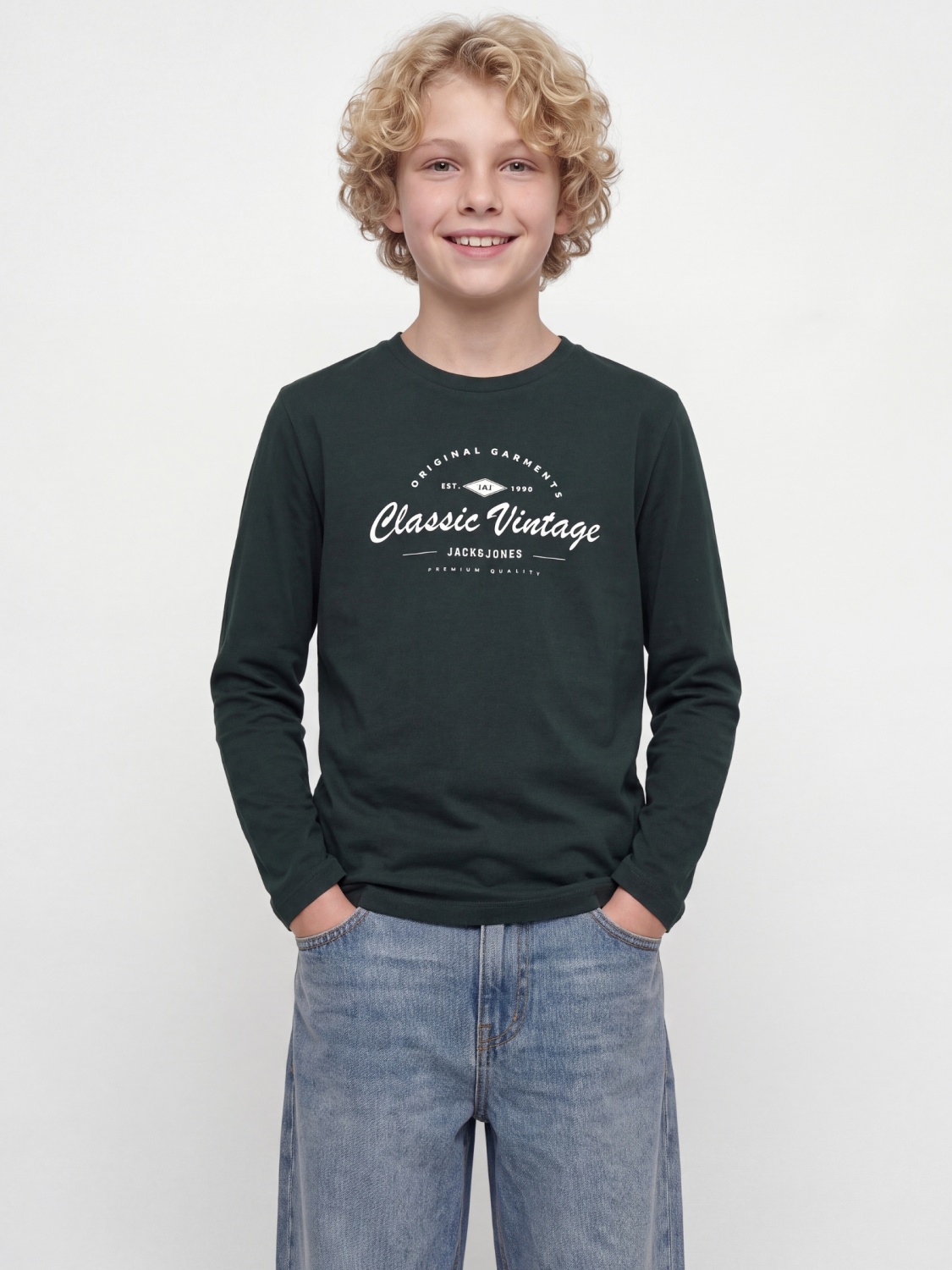 Jack & Jones Tricou baieti, cu maneca lunga, la baza gatului din bumbac organic, Regular fit, Verde inchis (SELECTATI MARIMEA: 176 cm)