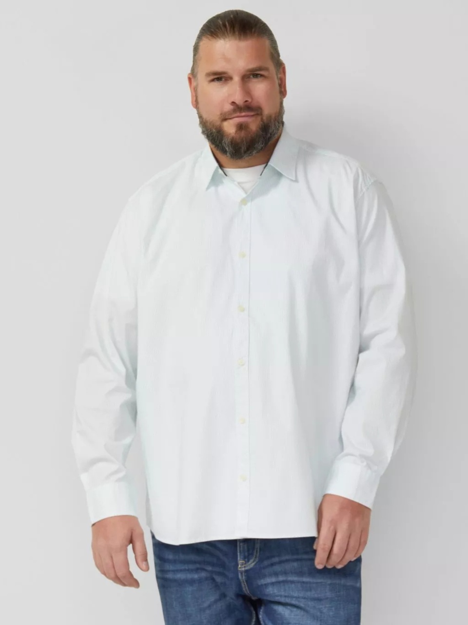 s.Oliver Big Sizes, Camasa barbati big sizes, cu guler Kent si imprimeu cu dungi, Slim Fit, Alb (SELECTATI MARIMEA: 5XL)