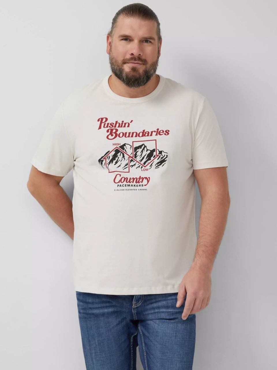 s.Oliver Big Sizes Tricou barbati big sizes, cu imprimeu cu text, Regular fit, Crem (SELECTATI MARIMEA: 3XL)