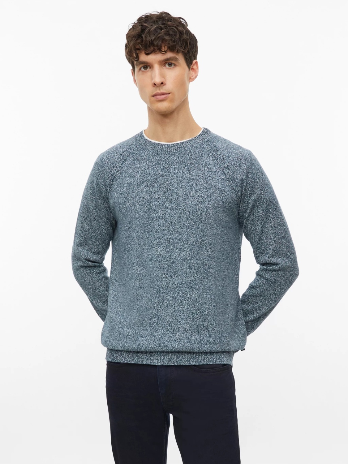 s.Oliver Pulover barbati cu decolteu la baza gatului, din bumbac, maneci raglan, Albastru melange (SELECTATI MARIMEA: 2XL)