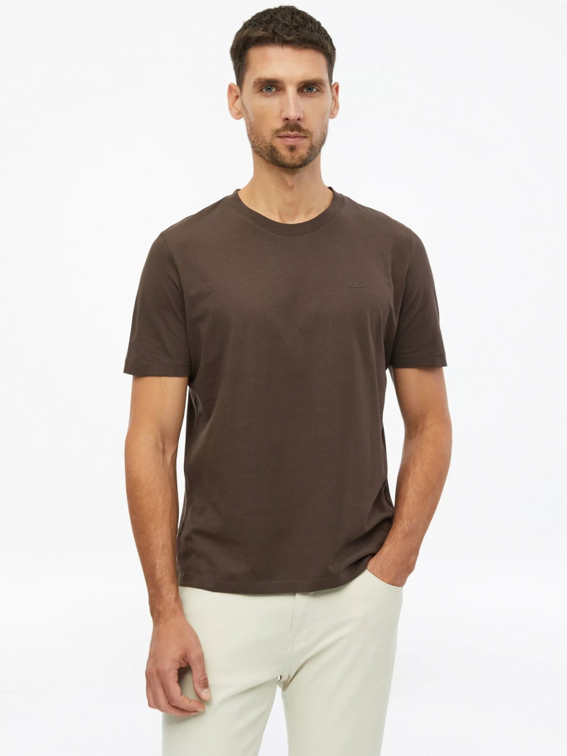 s.Oliver Tricou barbati din bumbac, cu decolteu la baza gatului, Regular fit, Maro (SELECTATI MARIMEA: L)