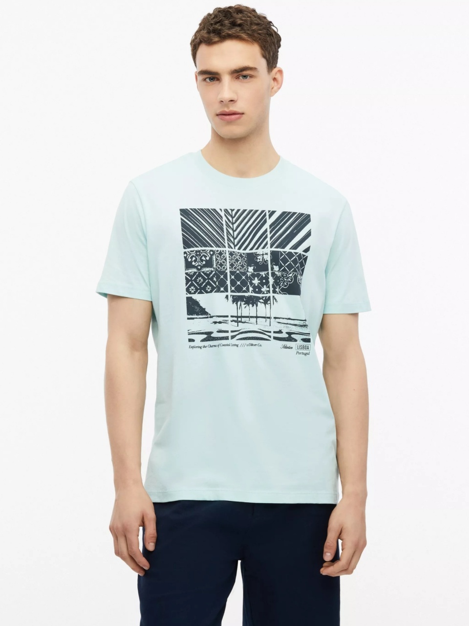 s.Oliver Tricou barbati, din bumbac, cu imprimeu frontal, Turcoaz deschis (SELECTATI MARIMEA: 3XL)