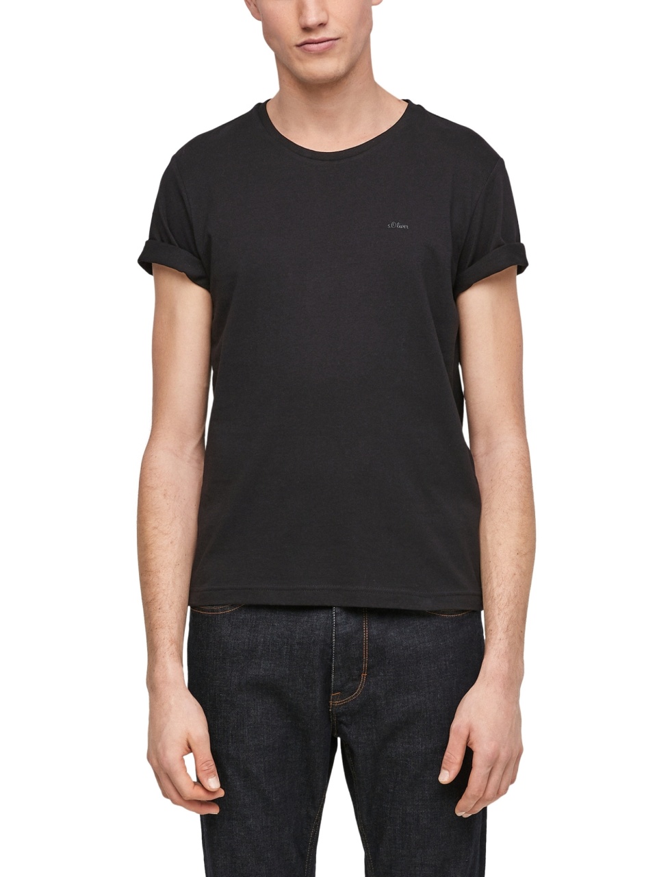 Tricou barbati cu decolteu la baza gatului din bumbac cu logo, Negru (SELECTATI MARIMEA: S)