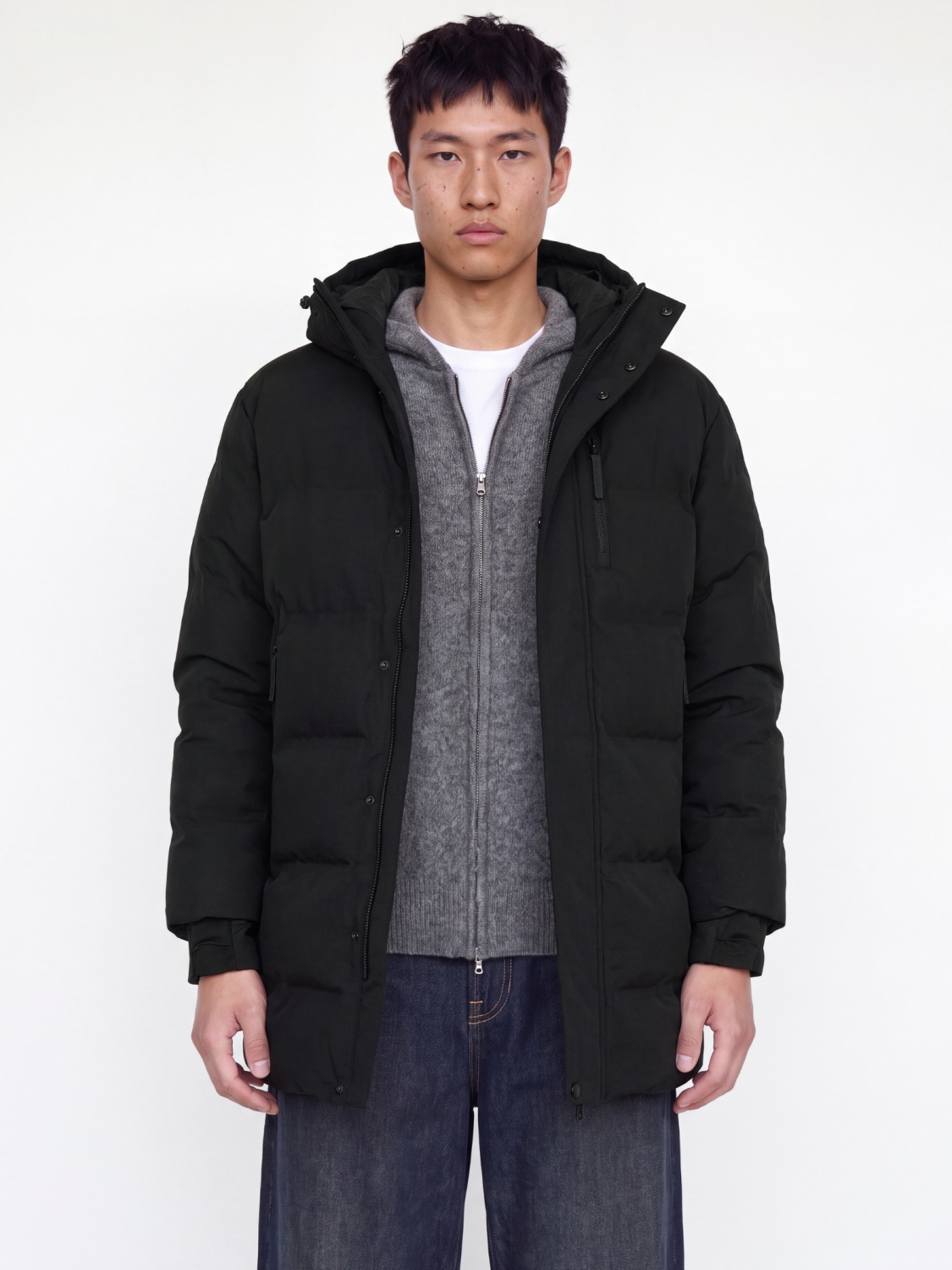 Jack & Jones Geaca lunga barbati, PUFFER, cu gluga, Regular fit, ALPHA, Negru (SELECTATI MARIMEA: L)