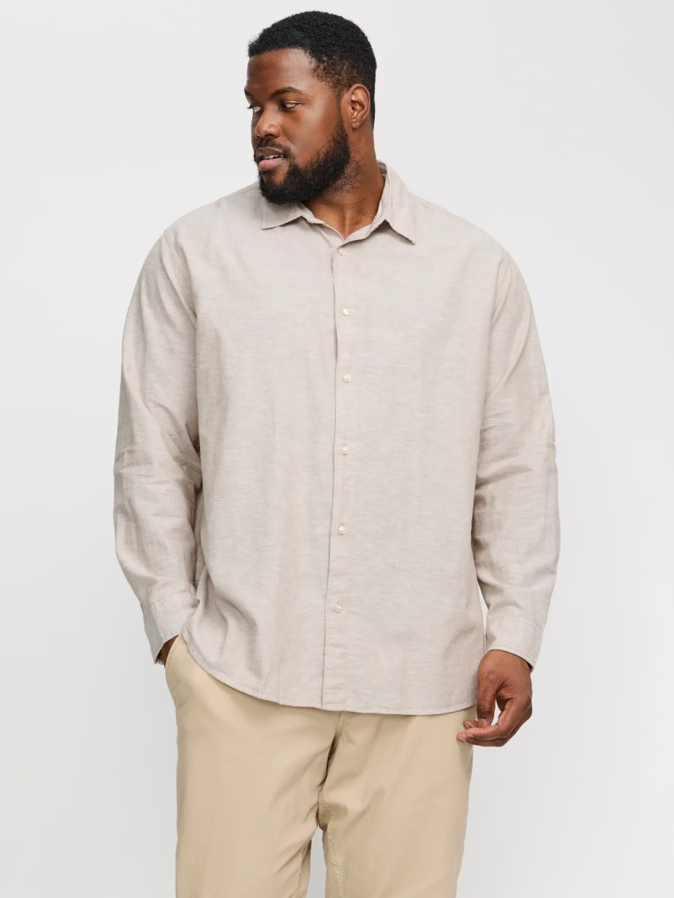 Jack & Jones Plus Camasa barbati big sizes, cu maneca lunga din amestec de in, Bej (SELECTATI MARIMEA: 7XL)