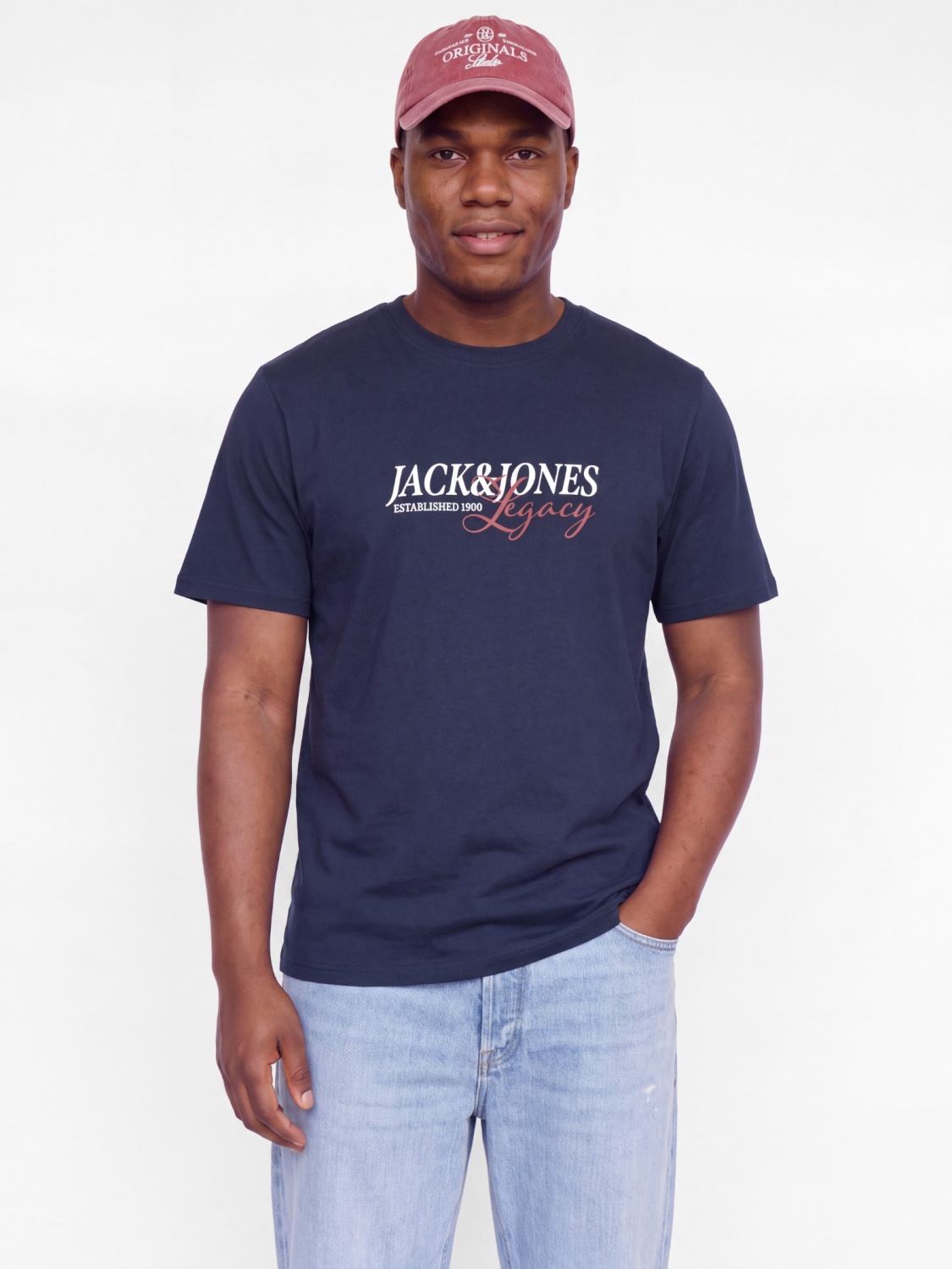 Jack & Jones Plus Tricou barbati big sizes, la baza gatului, din bumbac, cu logo, Relaxed Fit, Albastru inchis
