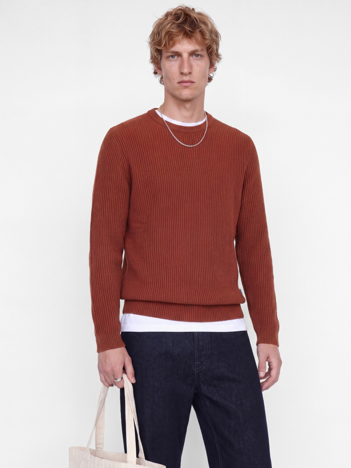 Jack & Jones Pulover tricotat barbati, decolteu la baza gatului, Regular Fit, JJPANNEL, Caramiziu (SELECTATI MARIMEA: 2XL)