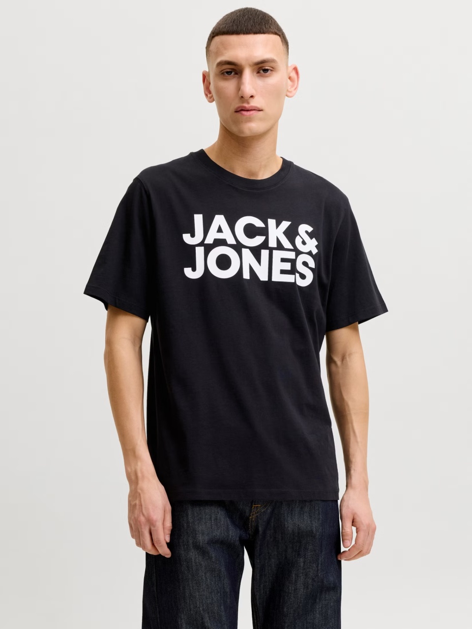 Jack & Jones Tricou simplu, barbati, din 100% bumbac, cu imprimeu cu logo, Negru (SELECTATI MARIMEA: L)