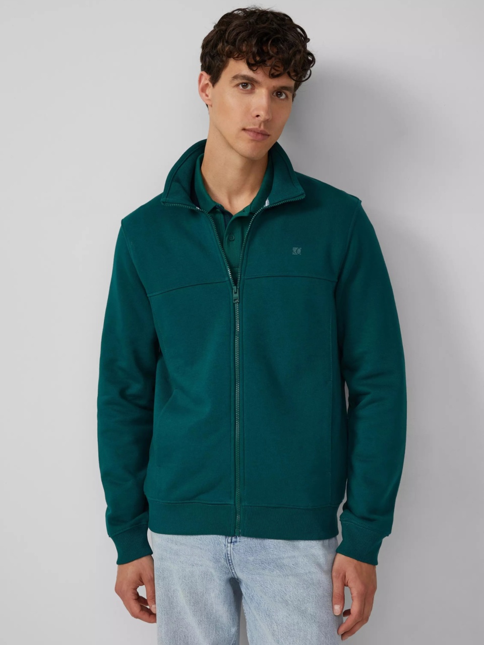 s.Oliver Bluza barbati cu guler inalt si fermoar, Regular fit, Verde (SELECTATI MARIMEA: S)