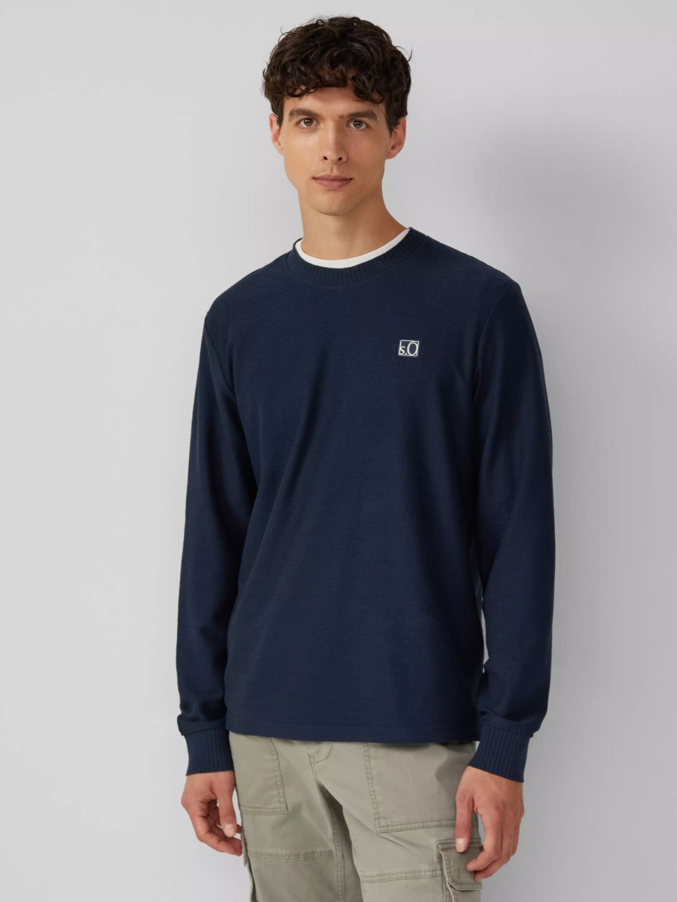 s.Oliver Bluza barbati cu textura striata, decolteu la baza gatului, Regular fit, Bleumarin inchis (SELECTATI MARIMEA: 2XL)