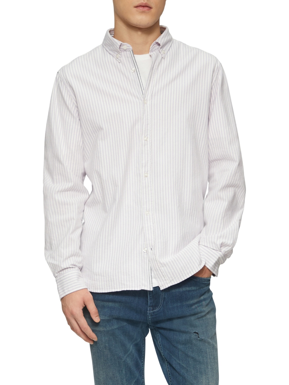 s.Oliver Camasa barbati cu imprimeu in dungi, din bumbac, Regular fit, Lila (SELECTATI MARIMEA: XL)