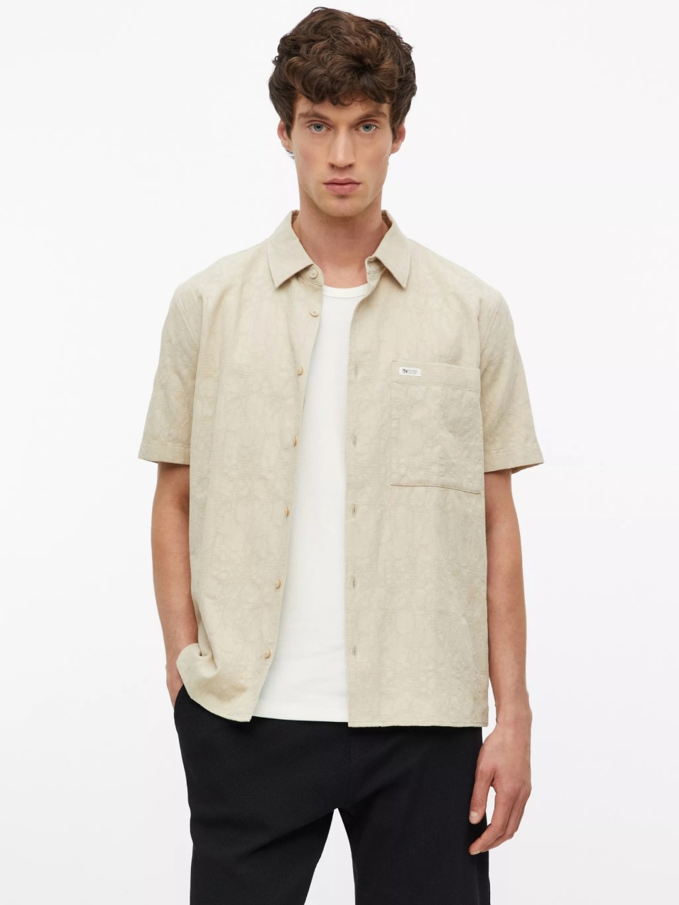 s.Oliver Camasa barbati cu model, din bumbac, Relaxed fit, Bej (SELECTATI MARIMEA: L)