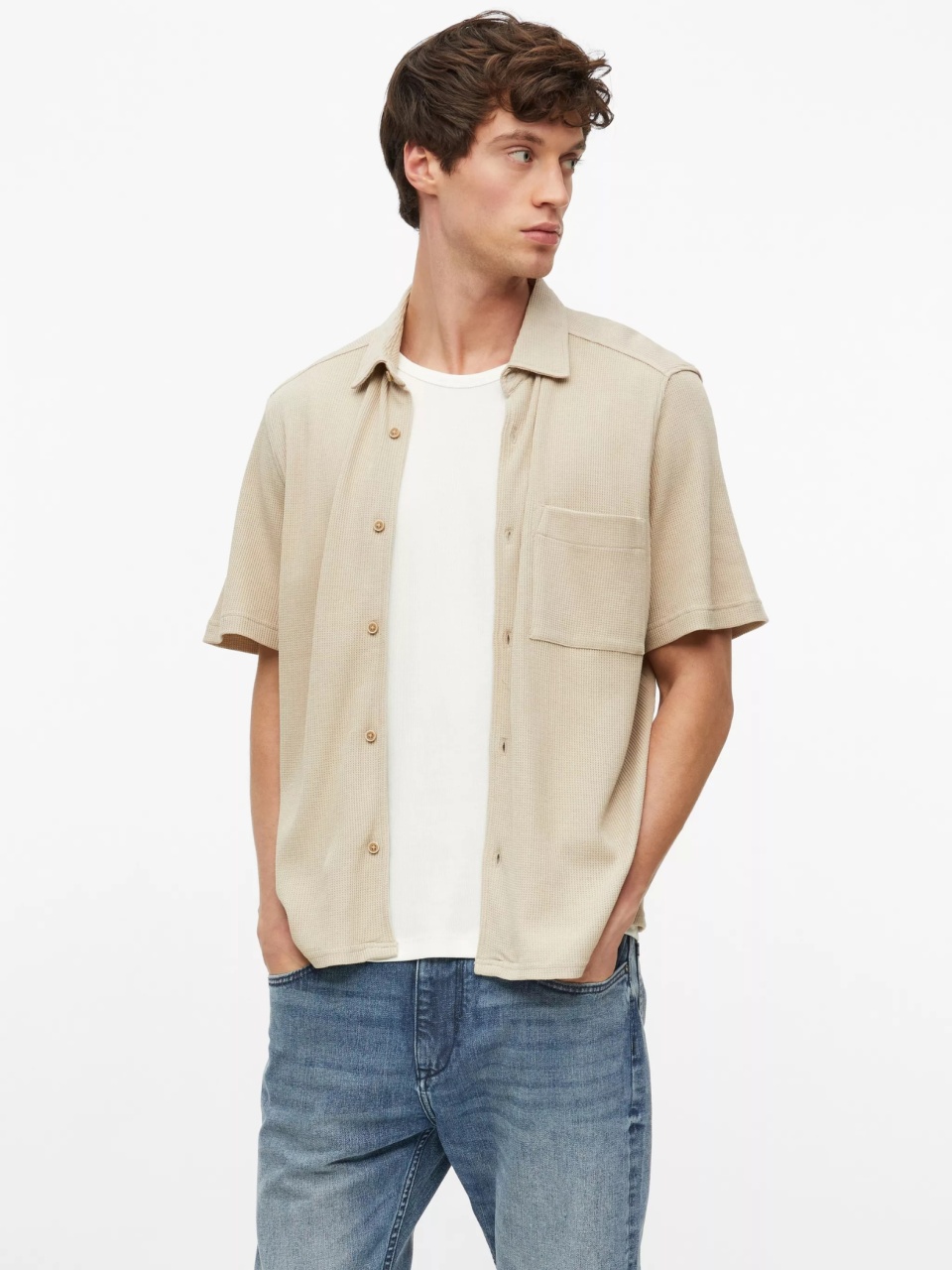 s.Oliver Camasa barbati din amestec de bumbac, piqué tip waffle, Relaxed fit, Bej (SELECTATI MARIMEA: XL)
