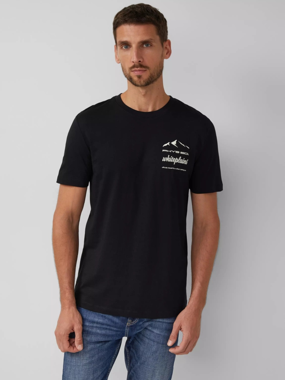 s.Oliver Tricou barbati cu imprimeu frontal, Regular fit, Negru (SELECTATI MARIMEA: S)