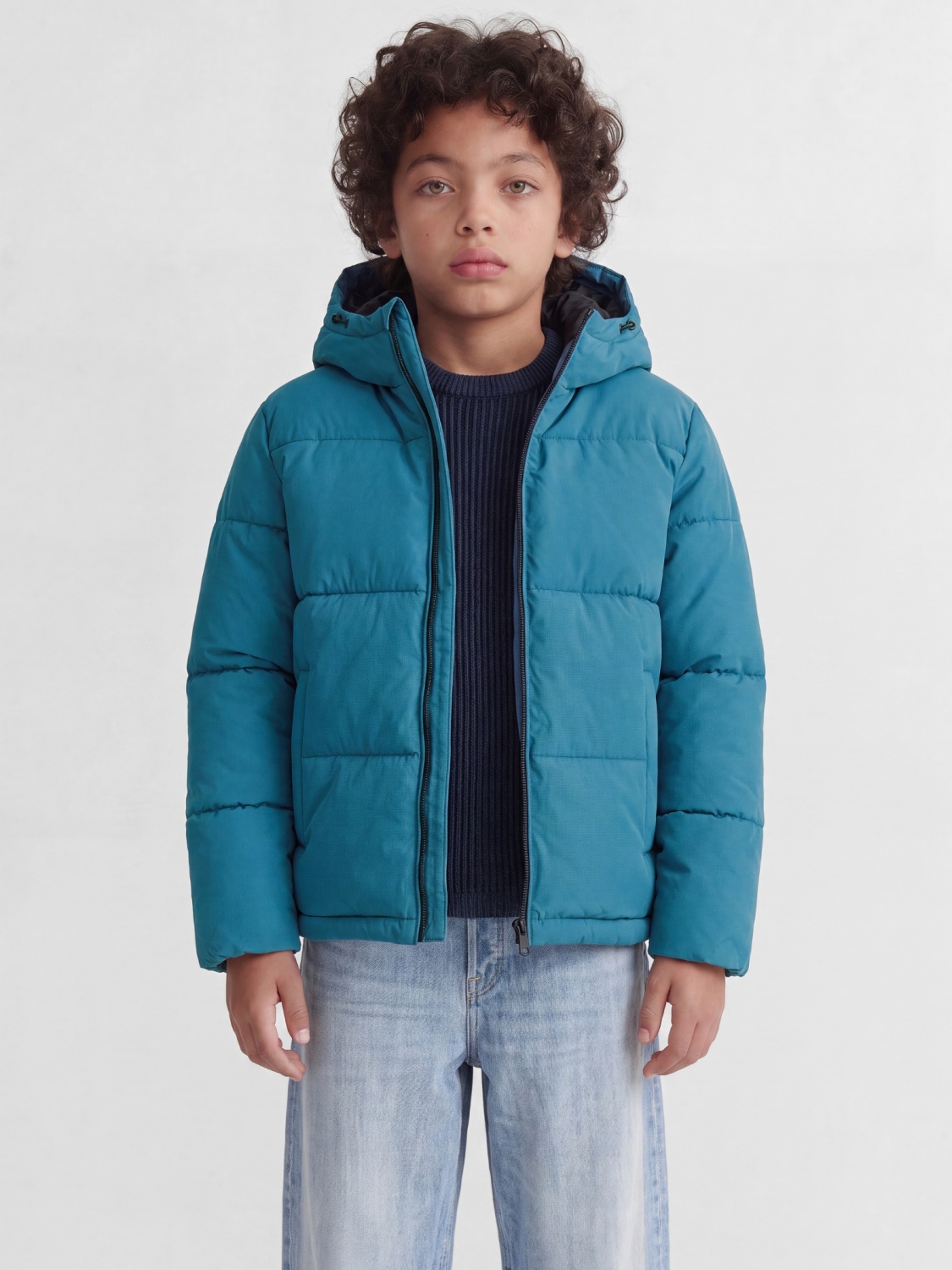 Jack & Jones Geaca baieti, PUFFER, cu gluga, Regular fit, JJGALAXY, Turcoaz inchis (SELECTATI MARIMEA: 128 cm)