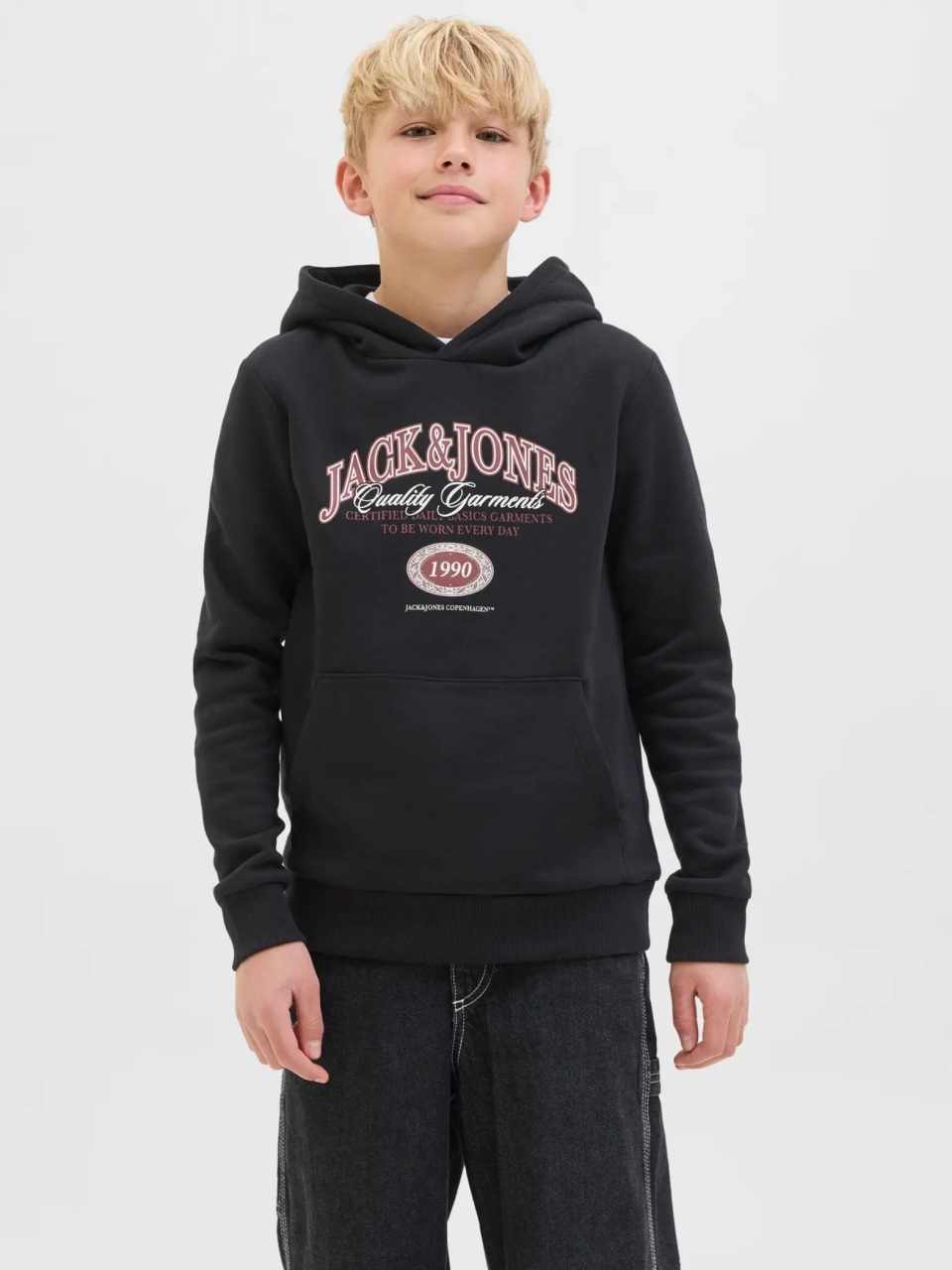 Jack & Jones Hanorac baieti cu imprimeu cu logo si buzunar tip marsupiu, Negru (SELECTATI MARIMEA: 152 cm)