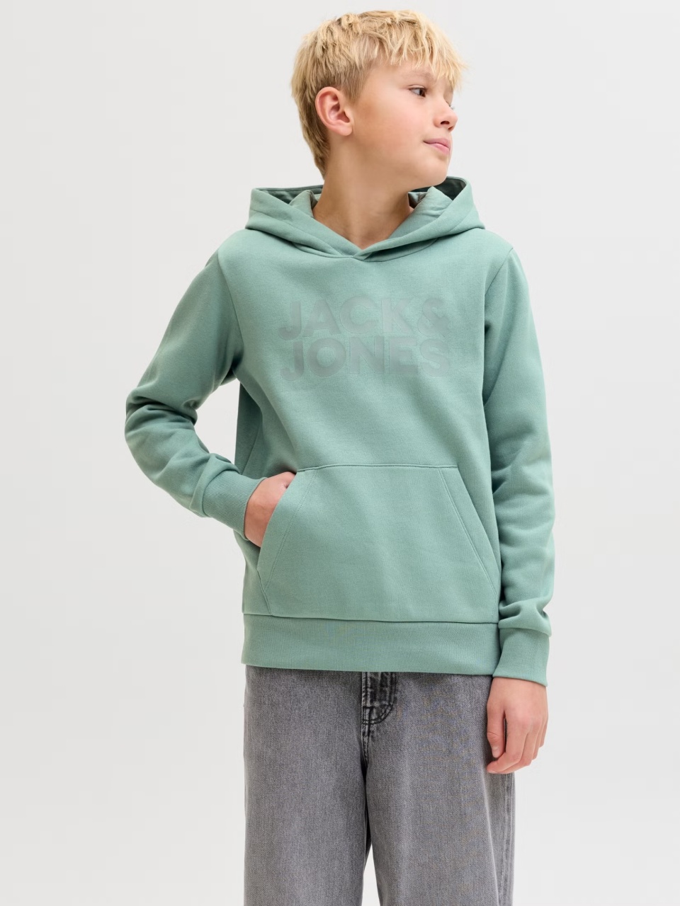 Jack & Jones Hanorac baieti, Regular Fit cu buzunar tip marsupiu si imprimeu cu logo, Verde deschis (SELECTATI MARIMEA: 140 cm)