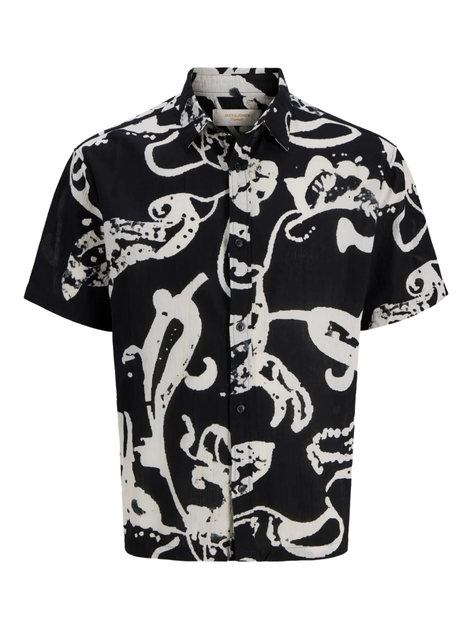 Jack & Jones Plus Camasa barbati big sizes, din bumbac, cu imprimeu abstract, Resort fit, Negru (SELECTATI MARIMEA: 5XL)
