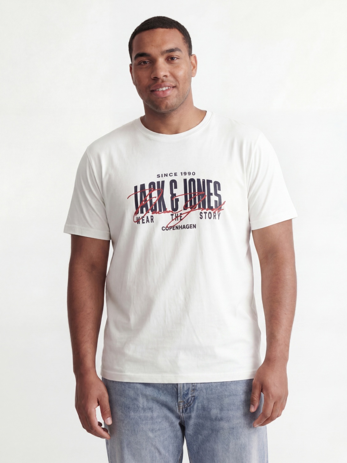 Jack & Jones Plus Tricou la baza gatului barbati big sizes, din bumbac, Regular Fit, Alb (SELECTATI MARIMEA: 5XL)