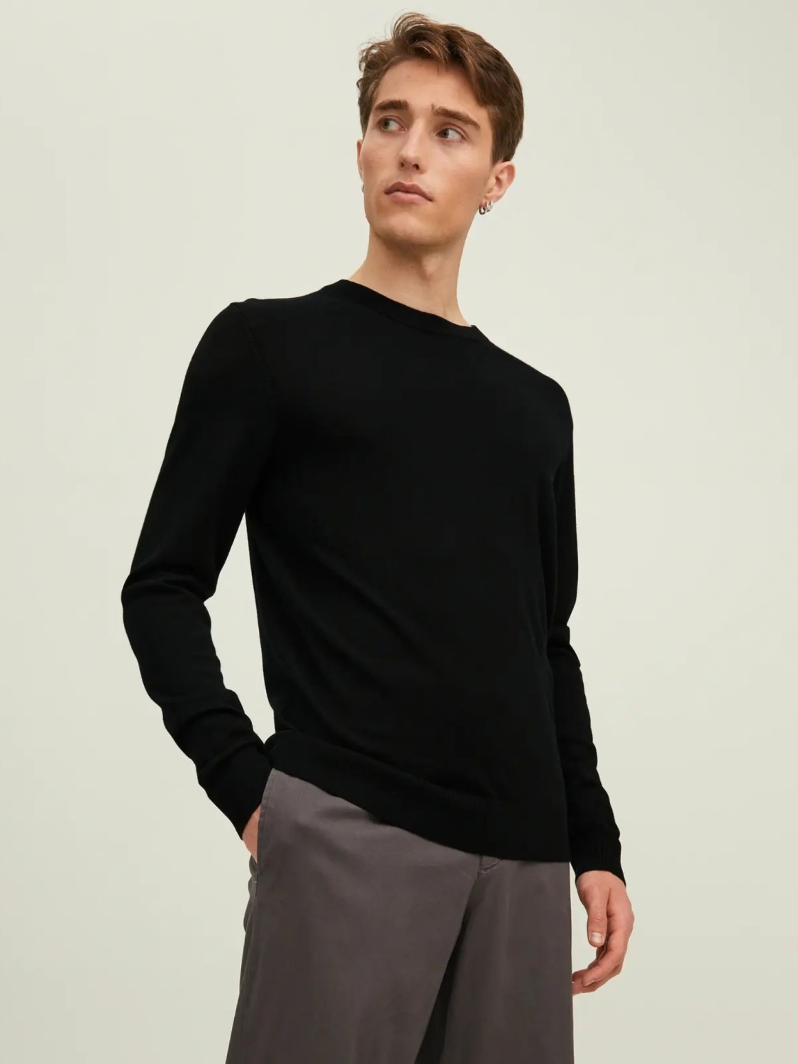 Jack & Jones Pulover simplu tricotat barbati, din lana merinos, decolteu la baza gatului, JPRMERINO, Negru (SELECTATI MARIMEA: L)