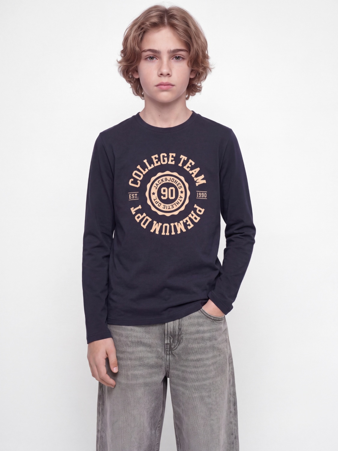 Jack & Jones Tricou baieti, cu maneca lunga, la baza gatului din bumbac organic, Regular fit, Bleumarin inchis (SELECTATI MARIMEA: 164 cm)