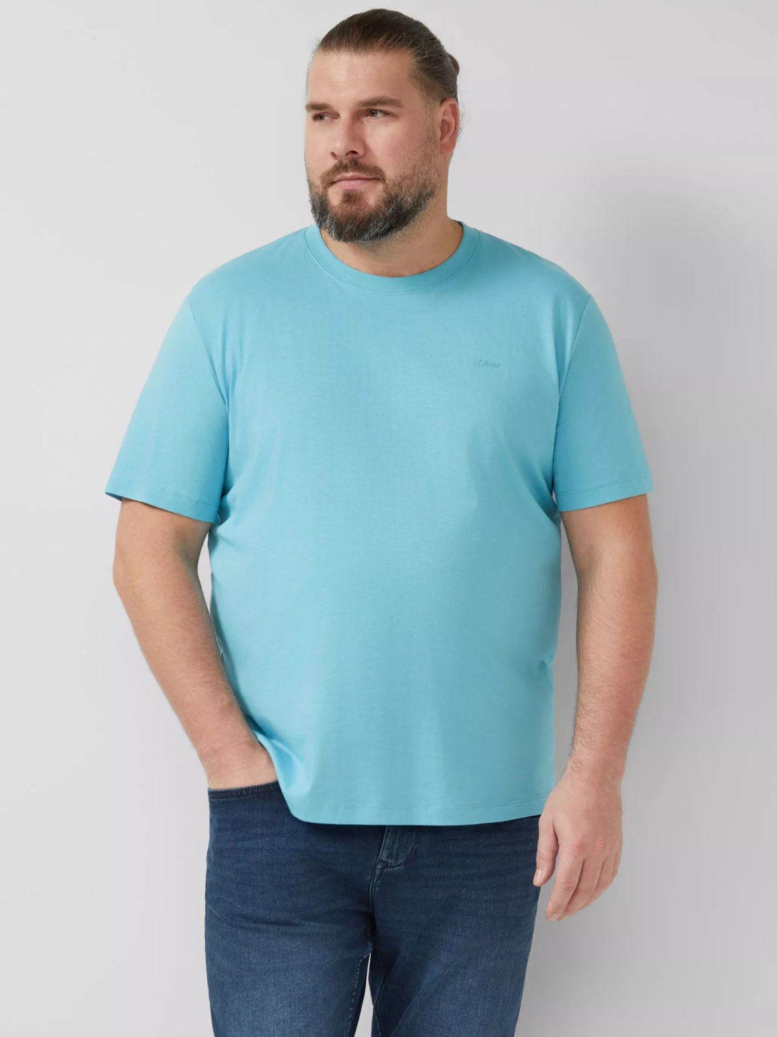 s.Oliver Big Sizes Tricou barbati big sizes, din bumbac, cu decolteu la baza gatului, Turcoaz deschis (SELECTATI MARIMEA: 4XL)