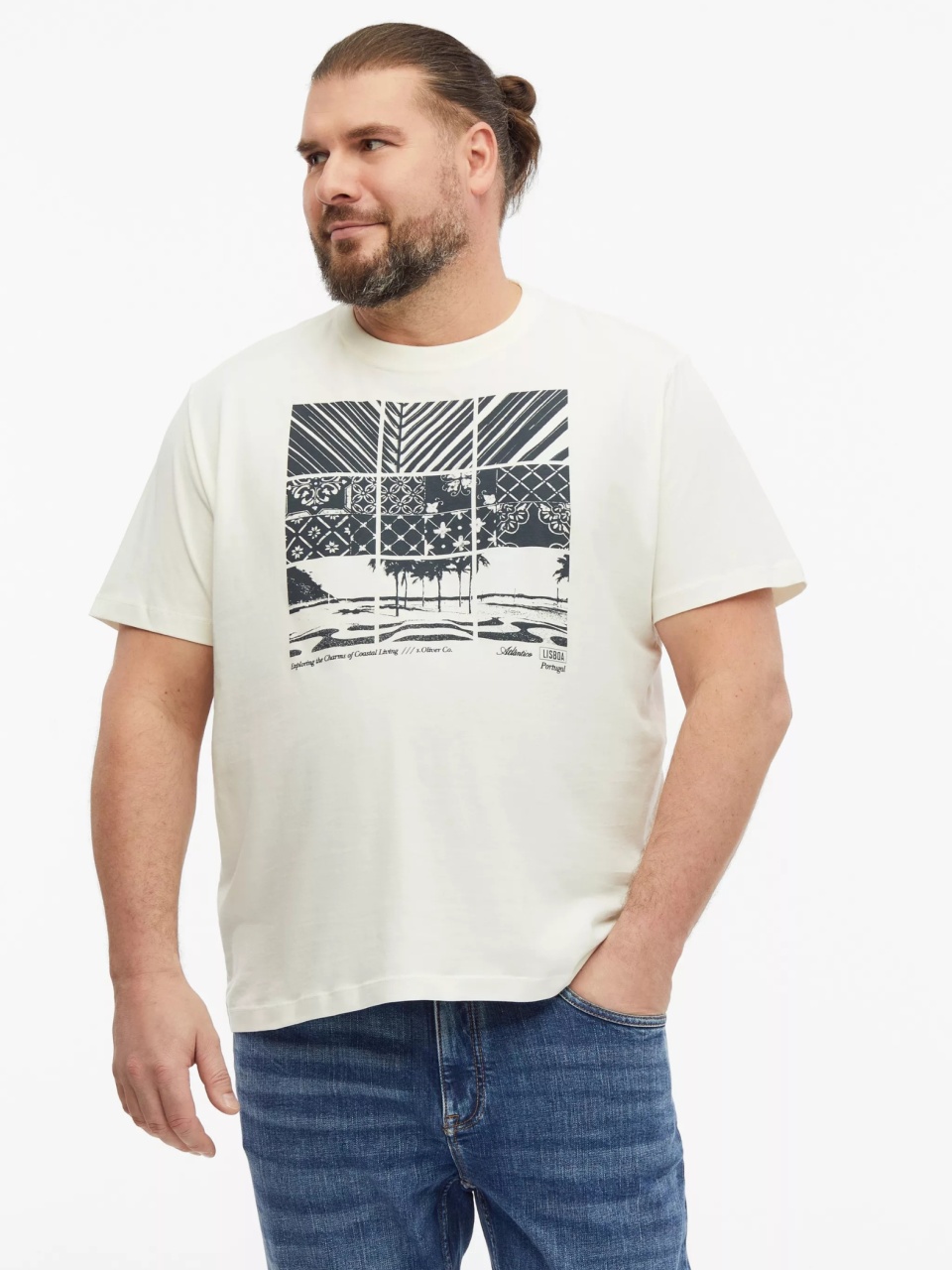 s.Oliver Big Sizes Tricou la baza gatului, barbati big sizes, din bumbac, cu imprimeu, Regular fit, Crem (SELECTATI MARIMEA: 2XL)