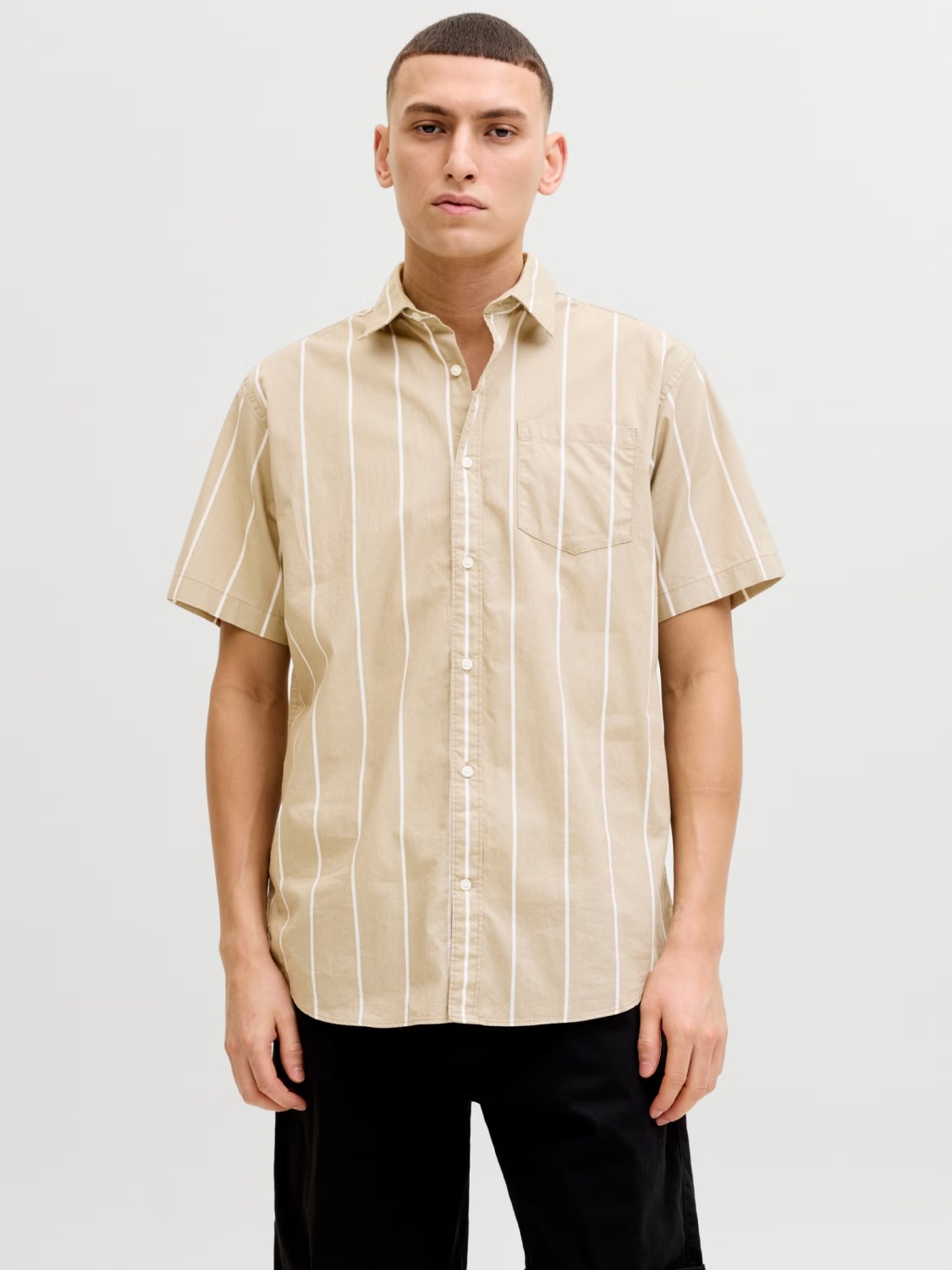 Jack & Jones Camasa barbati din bumbac cu imprimeu in dungi, Regular Fit, JJETHAN, Maro deschis (SELECTATI MARIMEA: M)