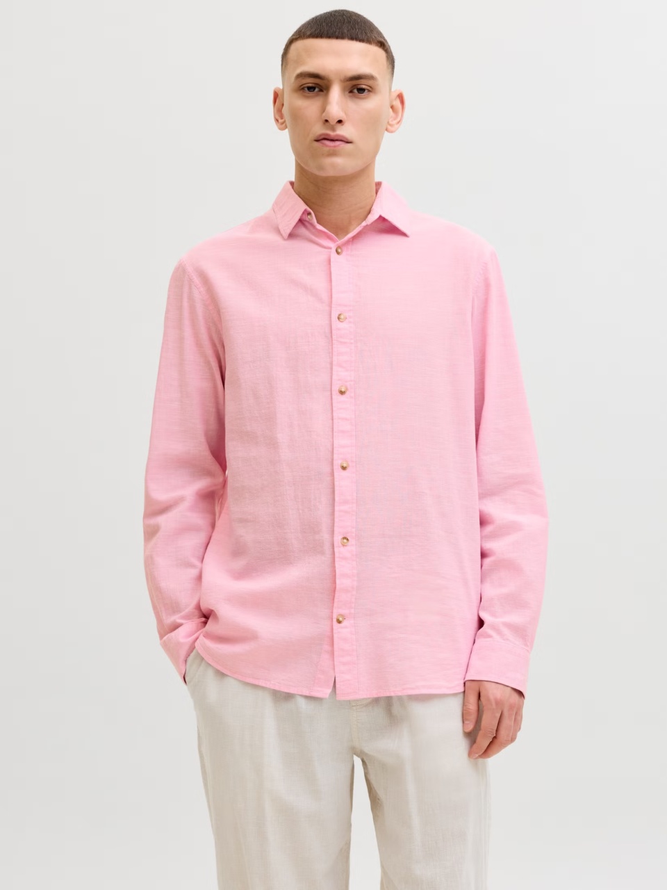 Jack & Jones Camasa barbati, Regular fit, din amestec de in, Roz (SELECTATI MARIMEA: XS)