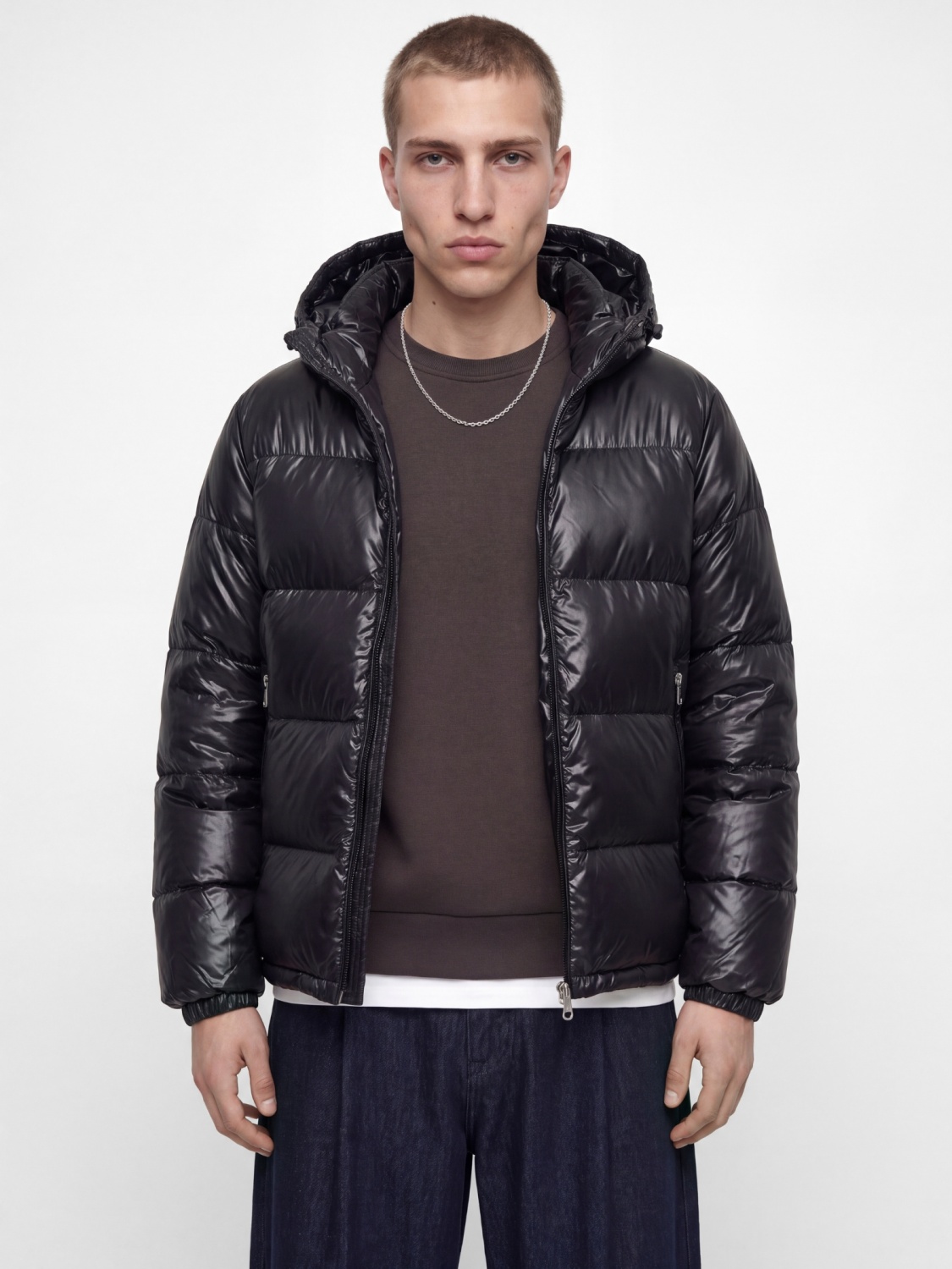 Jack & Jones Geaca barbati, PUFFER, cu gluga fixa reglabila cu snur, Regular fit, SHINY, Negru