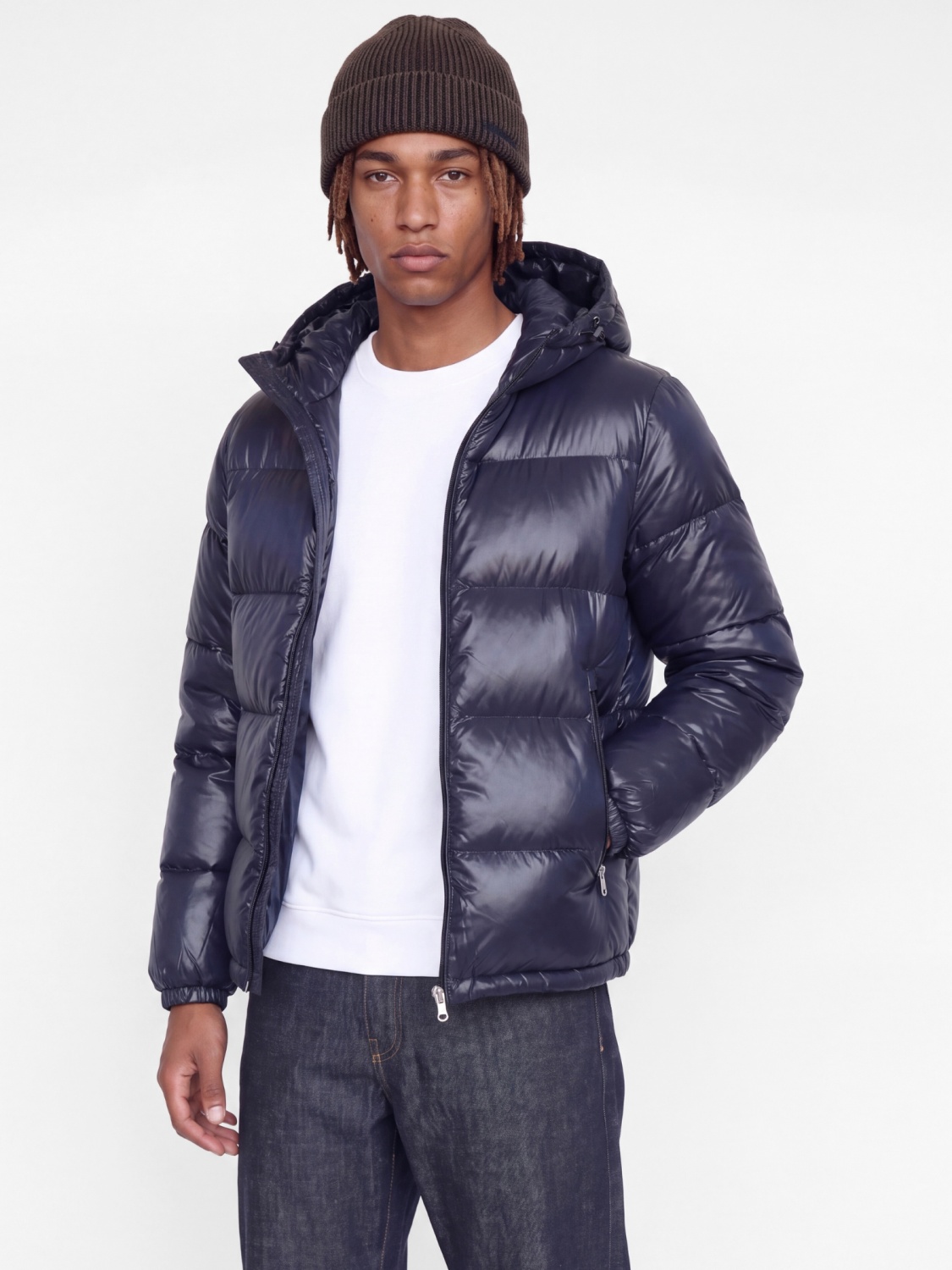 Jack & Jones Geaca barbati, PUFFER, cu gluga fixa reglabila cu snur, Regular fit, SHINY, Bleumarin inchis
