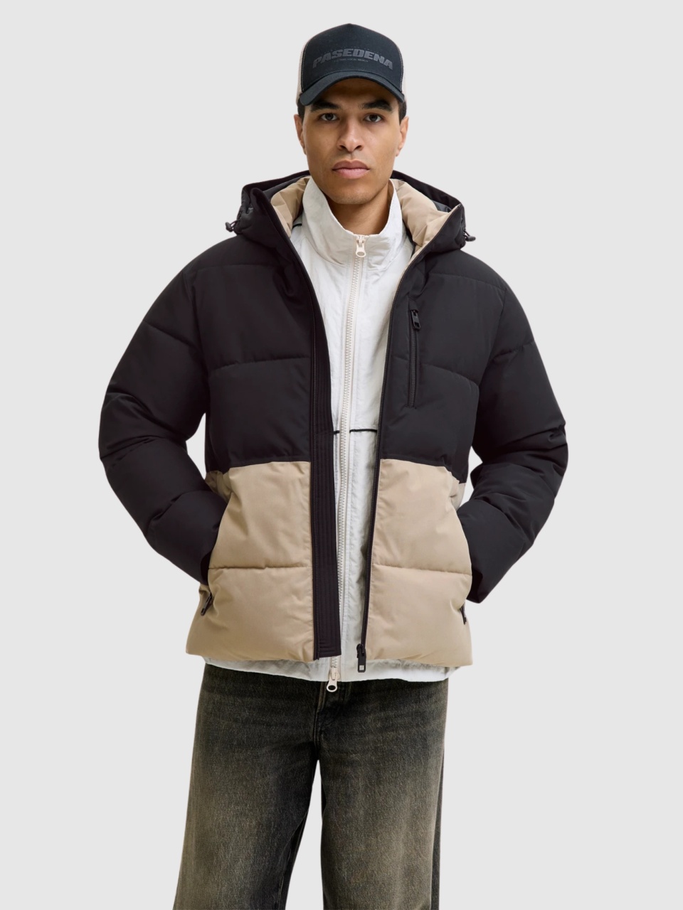 Jack & Jones Jacheta, JJEOWEN PUFFER, barbati, Regular fit, Negru/Crem (SELECTATI MARIMEA: 2XL)