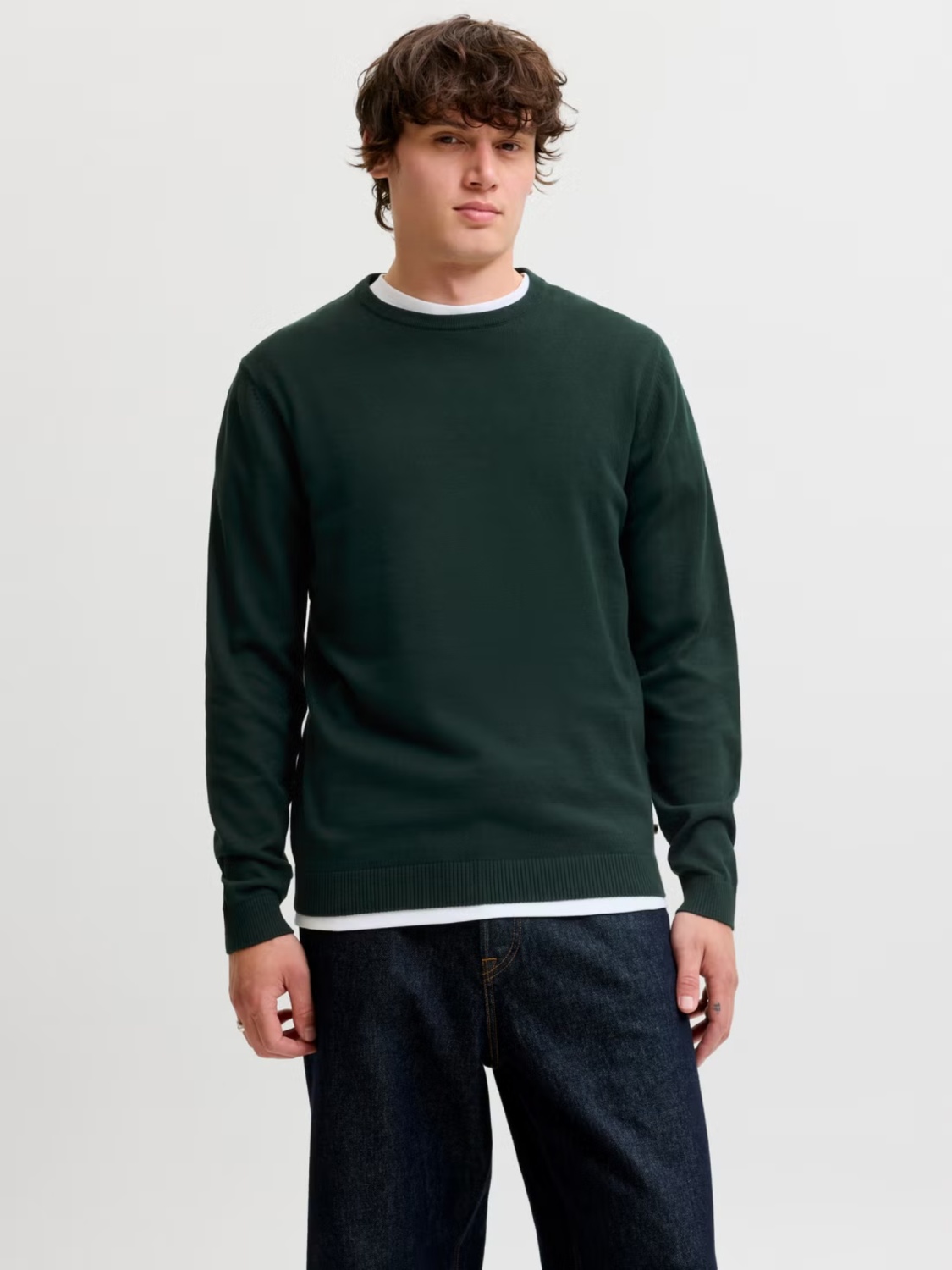 Jack & Jones Pulover barbati cu decolteu la baza gatului, din bumbac organic, JJEBASIC, Verde inchis (SELECTATI MARIMEA: 2XL)