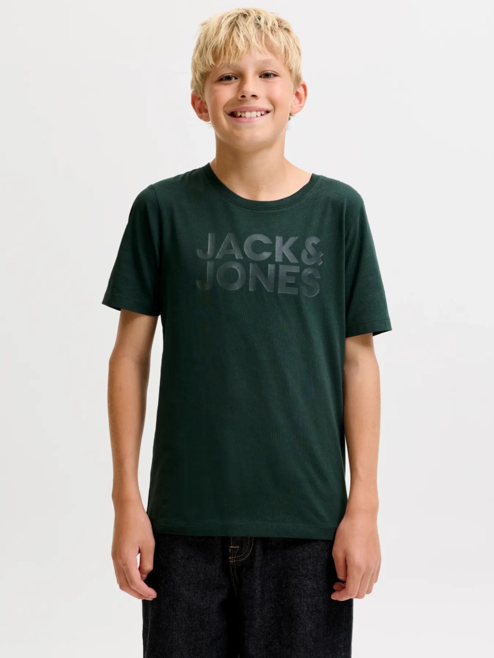 Jack & Jones Tricou baieti, din bumbac organic, Regular fit la baza gatului, JJECORP, Verde inchis (SELECTATI MARIMEA: 176 cm)