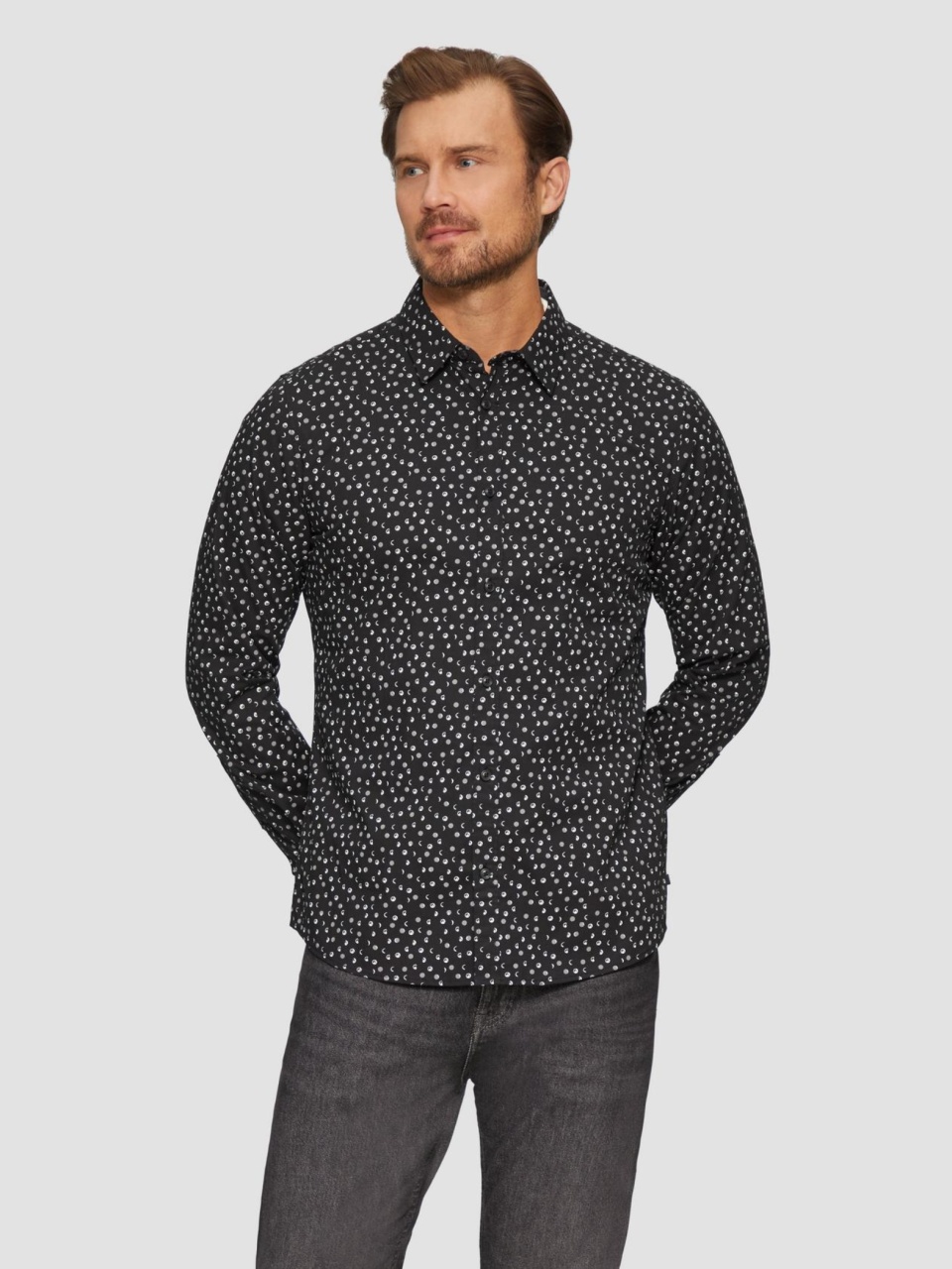 s.Oliver Camasa barbati cu maneca lunga, croiala Slim fit si imprimeu cu fazele luni, Negru (SELECTATI MARIMEA: 2XL)