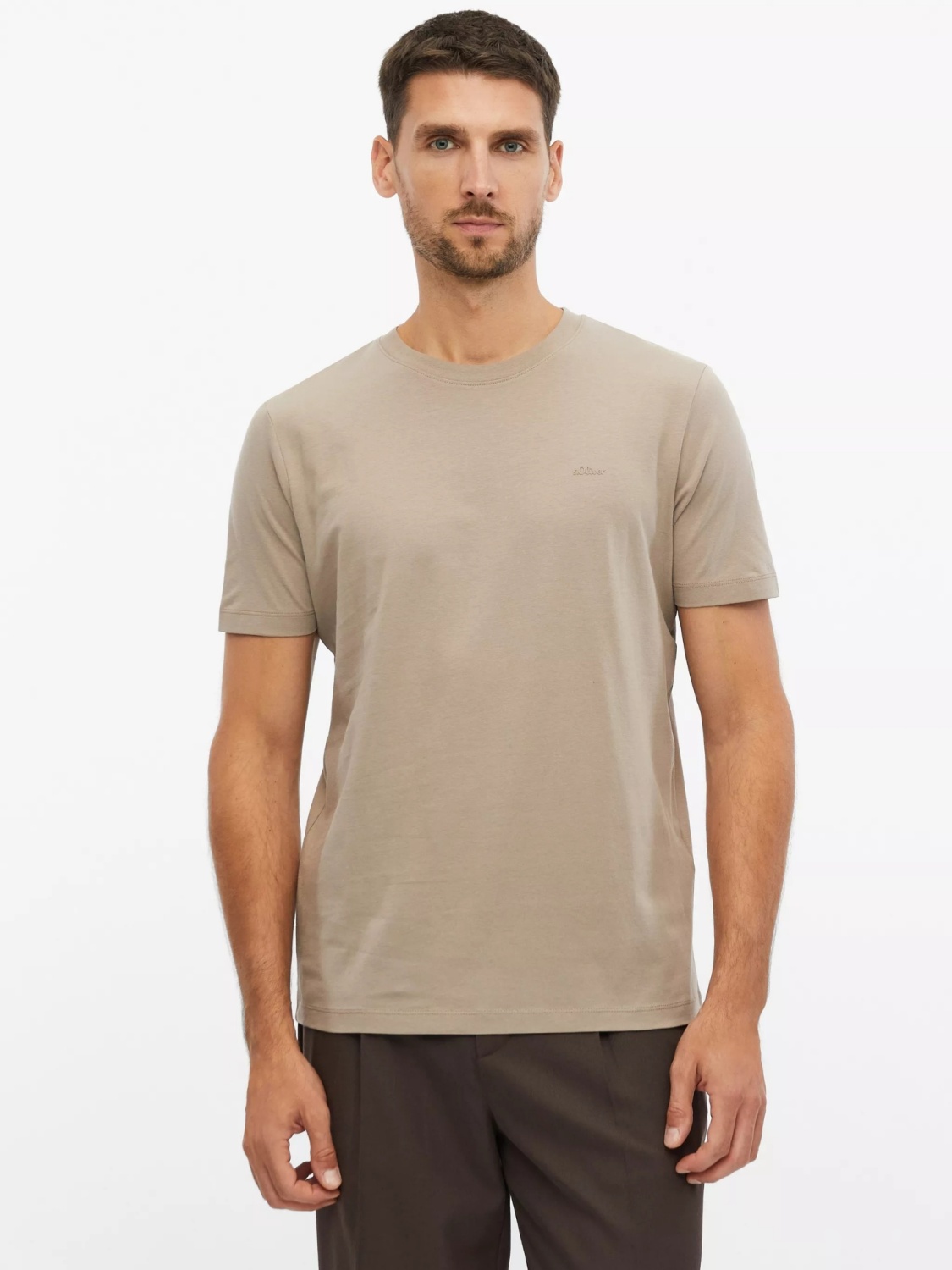 s.Oliver Tricou barbati din bumbac, cu decolteu la baza gatului, Regular fit, Maro deschis (SELECTATI MARIMEA: L)