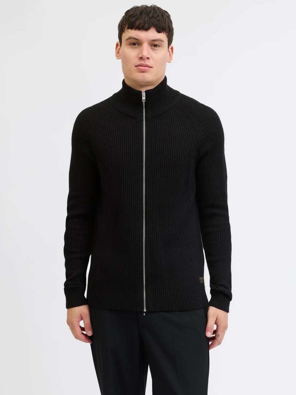 Jack & Jones Cardigan barbati cu fermoar si guler inalt, Regular fit, Negru (SELECTATI MARIMEA: S)