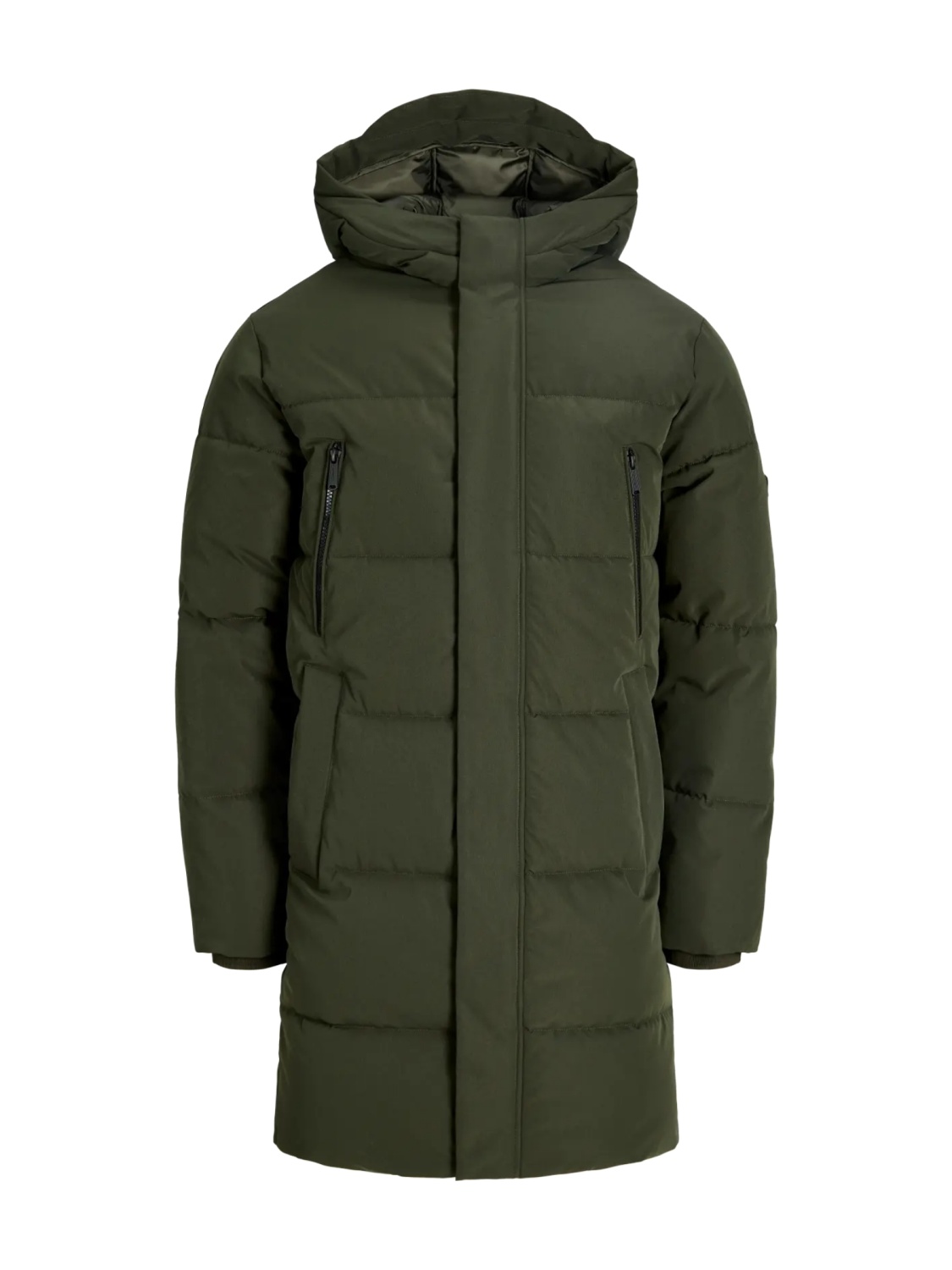 Jack & Jones Geaca lunga barbati, PUFFER, cu gluga, Regular fit, JJEBECKS, Verde inchis (SELECTATI MARIMEA: XL)