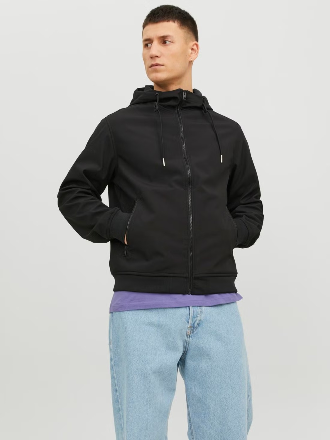 Jack & Jones Jacheta softshell, barbati, cu gluga, Regular fit, JJEBASIC, Negru (SELECTATI MARIMEA: S)